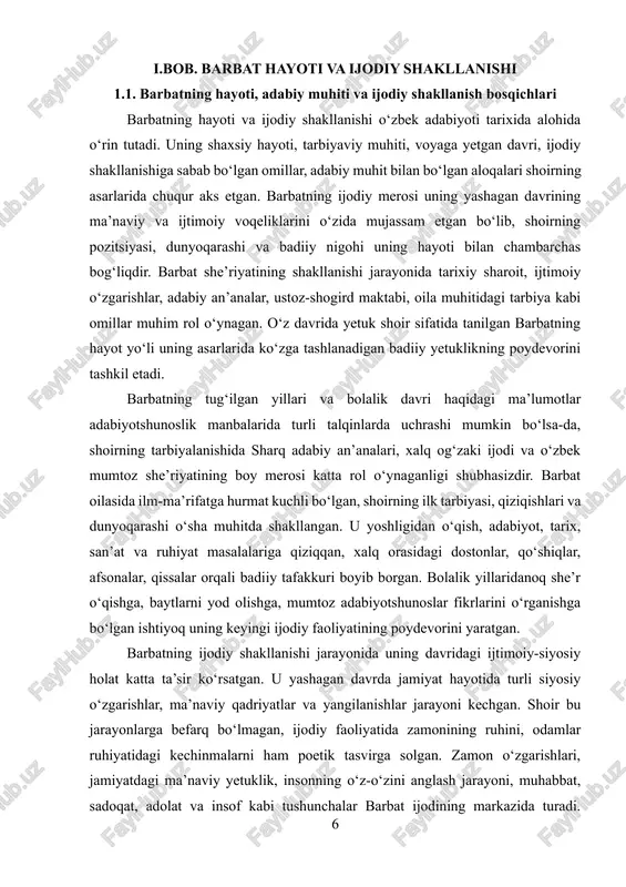 shtiyoq uning keyingi ijodiy faoliyatining poydevorini yaratgan. barbatning ijodiy shakllanishi jarayonida uning davridagi ijtimoiy-siyosiy holat katta ta’sir ko‘rsatgan. u yashagan davrda jamiyat hayotida turli siyosiy o‘zgarishlar, ma’naviy qadriyatlar va yangilanishlar jarayoni kechgan. shoir bu jarayonlarga befarq bo‘lmagan, ijodiy faoliyatida zamonining ruhini, odamlar ruhiyatidagi kechinmalarni ham poetik tasvirga solgan. zamon o‘zgarishlari, jamiyatdagi ma’naviy yetuklik, insonning o‘z-o‘zini anglash jarayoni, muhabbat, sadoqat, adolat va insof kabi tushunchalar barbat ijodining markazida turadi. ayniqsa, shoir ijodida inson va jamiyat o‘rtasidagi o‘zaro bog‘liqlik, jamiyatning ma’naviy holati, shaxsning ichki kechinmalari poetik talqin etilgan bo‘lib, bu uning hayotiy tajribasidan kelib chiqqanligidan dalolat beradi. barbatning ijodiy shakllanishida adabiy muhitning roli nihoyatda muhim. shoir o‘z davridagi adabiy an’analar, ustoz-shoirlar merosi, xalq og‘zaki ijodi va qo‘lyozma adabiyot boyliklari bilan tanishgan. ayniqsa, mumtoz o‘zbek she’riyati vakillari – alisher navoiy, bobur, mashrab, furqat, muqimiy singari shoirlarning asarlari uning badiiy fikrini shakllantirgan, dunyoqarashini kengaytirgan. barbatning she’riyati mumtoz poetikaning uslubiy mezonlariga tayangan bo‘lsa-da, u o‘ziga …