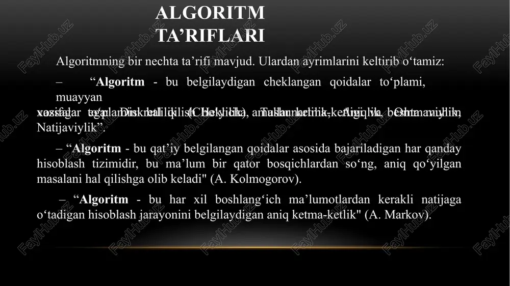 yordamida ifodalanadi. formulalar yordamida ifodalanishi algoritmning jadval tarzda tasvirlanishidan ham ko‘p foydalanamiz. 03 jadval yordamida ifodalanishi 04 algoritmning bu ko‘rinishdagi ifodasi sizga avvaldan tanish, chunki matematika kursida chizilgan grafiklarning aksariyati algoritmning grafik usulda berilishiga misol bo‘ladi. grafik shaklda ifodalanishi 05 hozirgi kunda juda ko‘p algoritmik tillar mavjud bo‘lib, ularni dasturlash tillari deb ataymiz. dastur shaklida ifodalanishi so‘zlar yordamida ifodalanishi bu usulda ijrochi uchun beriladigan har bir ko‘rsatma tabiiy tildagi jumlalar, so‘zlar orqali buyruq shaklida beriladi. bunda algoritmning har bir buyrug‘i ijrochiga tushunarli so‘zlar orqali ifodalanadi. algoritmlarning so‘zlar yordamida ifodalanishiga misol keltirib o‘tamiz. 1-masala. tomonlariga ko‘ra to‘g‘ri to‘rtburchakning perimetri, diagonali va yuzasini hisoblash: 1) boshlansin; 2) tomonlar qiymati kiritilsin (a, b); 3) perimetr qiymati hisoblansin (p); 4) diagonal qiymati hisoblansin (d); 5) yuzasi hisoblansin (s); 6) perimetr, diagonal va yuza qiymatlari chop etilsin; 7) tugatilsin. formulalar yordamida ifodalanishi bu usulda algoritmning har bir amali matematik formulalar yordamida ifodalanadi. algoritm amallarini ifodalashda …