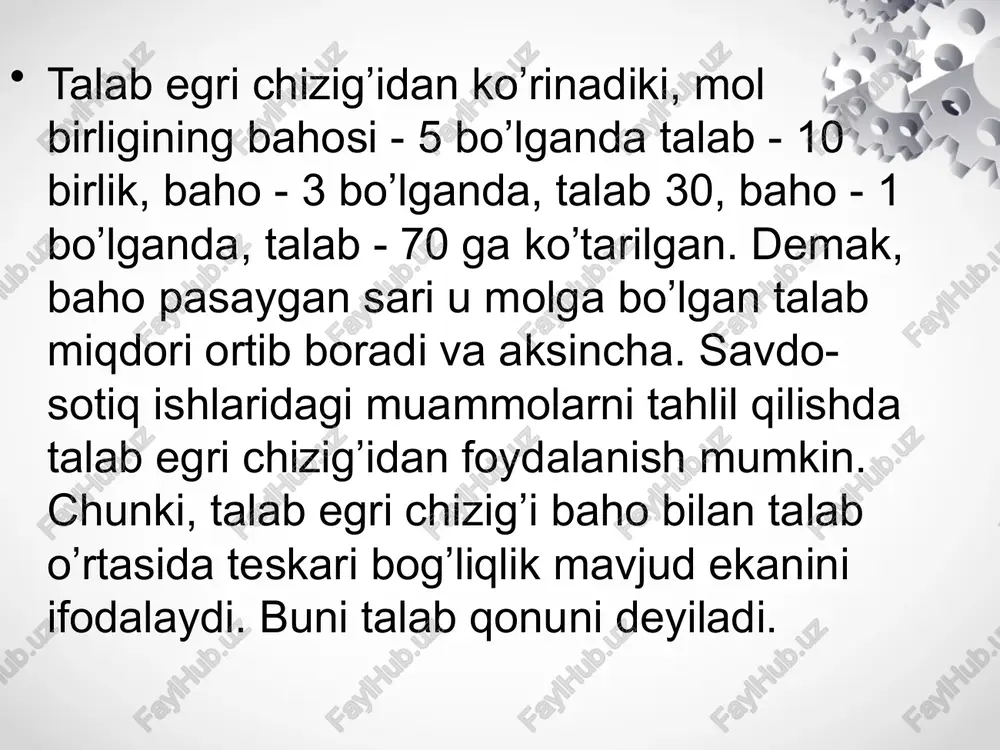 joriy holatiga bog’liq bo’ladi. ayrim tovarlar va ularning guruhlari bo’yicha hamda butun tovar hajmi bo’yicha talab va taklifning muayyan nisbatida bozor konyunkturasi o’z ifodasini topadi. u quyidagi omillar ta’siri ostida o’zgaradi: tovarlarni ishlab chiqarish ko’lami va ularning zahiralari, baholar dinamikasi, pul daromadlar, savdo va reklamani tashkil etish, talab va taklifning o’zaro nisbati. bunda ayrim mahsulot, ular guruhi va butun tovar massasi bo’yicha talab va taklif o’rtasidagi nisbat muhim rol o’ynaydi. chunki unga tovar egasining taqdiri bog’liq bo’ladi. ishlab chiqarish bozor muvozanatining yuzaga kelishi va uni iqtisodiyotga ta’siri talab va taklif o’rtasidagi o’zaro nisbatlarning tipik ko’rinishi: a) tovarlarning taklifi talabdan yuqori; b) tovarlarga talab taklifdan yuqori; c) talab bilan taklif teng. ya’ni bunda bozorda taklif talab o’rtasida muvozanatga yyerishiladi. qanday qilib, bozor muvozanatiga yyerishish, umuman sotish muammosini yaxshiroq tadqiq etish va tushunish uchun talab va taklif egri chiziqlaridan foydalaniladi. ularning kesishish nuqtasi muvozanat holatiii xaraktyyerlaydi; talab va taklifni bir-biriga muvofiq qiluvchi …