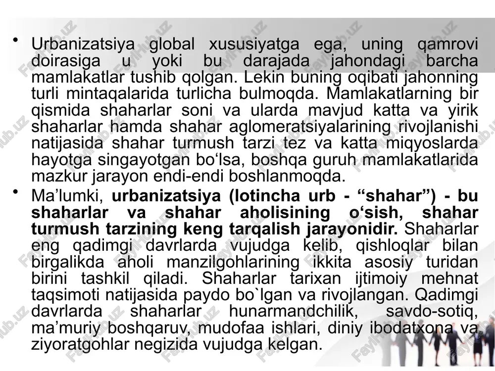 ilan boshqa shaharlardan ajralib turadilar. shu toifadagi shaharlarga nisbatan global (yoki jahon) shaharlari atamasi qo`llaniladi. global shaharlar qatoriga, eng avvalo, nyu-york, london, tokio, shanxay, gonkong, parij, dubay, singapur kabi savdo-moliyaviy va transport salohiyati o‘ta katta shaharlar kiritiladi. global shaharlar safi borgan sari kengaymoqda, ularning ta’sir doirasi esa barcha qit’a va ularning yirik qismlarini qamrab olishga intilmoqda. urbanizatsiya jarayonlari ijtimoiy-iqtisodiy taraqqiyotning ajralmas qismi va ularning bevosita hosilasi bo‘lib, qator muammolarni ham keltirib chiqarmoqda. bu muammolarning qamrovi keng bo‘lib, ekologik, iqtisodiy, ijtimoiy, tibbiy, madaniy, ma’naviy-axloqiy jihatlar bilan tavsiflanadi. bunda ishlab chiqarish atrof-muhitga o‘tkazadigan bosimining kuchayishi, suv ta’minotidagi kamchiliklar, transport tarmoqlariga me’yoridan ortiq yuk tushayotgani, shahar turmush tarzi bilan bog‘liq kasalliklarning tarqalishi, jinoyatchilikning ortishi va boshqa muammolar eng dolzarb hisoblanadi. demak, jahon urbanizatsiyasining zamonaviy bosqichi miqdor va sifat xususiyatlari, shuningdek, turli ko‘rinishdagi muammoli jihatlari bilan tavsiflanadi. o‘zbekistonda o‘sish va urbanizatsiya urbanizatsiya jarayonining o‘zbekistondagi holati xx asrning ikkinchi yarmida deyarli kam o‘zgardi. urbanizatsiyaning umumiy …