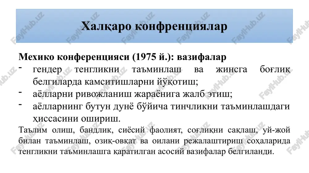 qilish taqiqlari bekor qilindi; ayollar sog'lig'iga salbiy ta'sir ko'rsatadigan sohalar yoki kasblarning tavsiya etiladigan yangi ro'yxati tasdiqlandi; ayollar huquqlari bo'yicha milliy qonunchilik mamlakatning siyosiy va ijtimoiy hayotida ayollarning rolini oshirish sohasida - 2019 yil 2 sentyabrda "xotin-qizlar va erkaklar uchun teng huquq hamda imkoniyatlar kafolatlari to'g'risida”gi qonun qabul qilindi, unda birinchi marta “jinsi asosida to'g'ridan-to'g'ri kamsitish” va “jinsi asosida bilvosita kamsitish” tushunchalari ta'riflari kiritildi, majburiy huquqiy ekspertiza joriy etildi. gender tengligi printsiplariga, ularni qo'llash jarayonida kamsituvchi xususiyatga ega bo'lishi mumkin bo'lgan xavf-xatarlarni aniqlashga qaratilgan. qonuniy xatti-harakatlar, to'g'ridan-to'g'ri yoki bilvosita aniqlangan normalarni hal qilish bo'yicha tavsiyalar ishlab chiqildi. xotin-qizlar va erkaklar uchun teng huquq hamda imkoniyatlar kafolatlari to'g'risida gender siyosati amalga oshirilishini ta'minlashga doir vaqtinchalik maxsus choralar — jinslarning notengligini bartaraf etish, xotin-qizlar va erkaklarning haqiqiy yoki asos bo'ladigan tengligini ta'minlash bo'yicha aniq maqsadlarga erishish uchun davlat organlari tomonidan ko'riladigan huquqiy, tashkiliy hamda institutsiyaviy xususiyatga ega chora-tadbirlar; gender — xotin-qizlar va …
