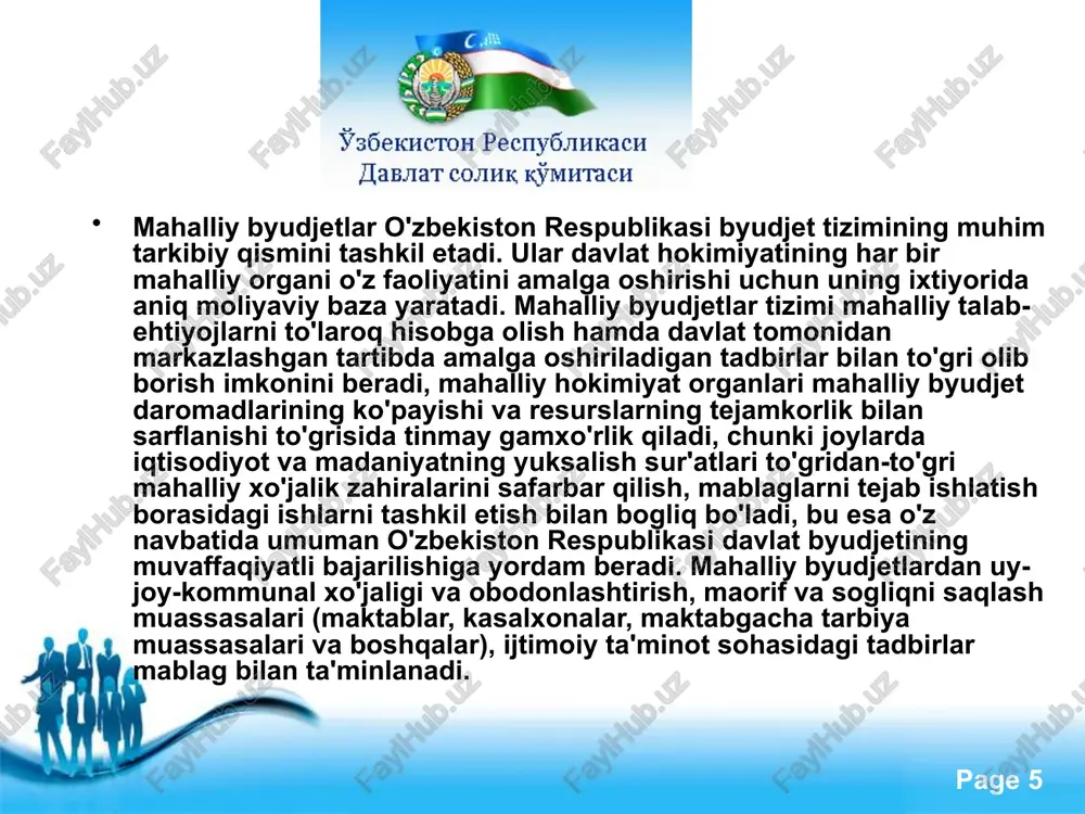 ing davlat xarajatlarini qoplashda o`zining daromadi, mulki, to`lash qobiliyatiga qarab ishtirok etishini taqozo etadi. free powerpoint templates page foydalanilgan adabiyotlar ro'yxati. 1. s. rahmonov "soliq imtiyozi - rivojlanish kafolati" xalq so'zi 2009 - yil 28 -yanvar 2. qudratov botir "soliq va axborot texnologiyalari" xabar 2010 - yil 16 - aprel 3. a. boliyev "soliq sohasidagi dolzarb vazifalar" xalq so'zi 2010 - yil 17 - fevral 4. a. altiyev "soliq qommchiligi yanada takomillashtirildi" xalq so'zi 2010 - yil 15 - yanvar 5. d. ulug'murodov "soliq imtiyozi - manfaatdorlik garovi" hayot maktabi 2009 -yil 5 - mart 6. i. karimov soliq to'lovchining jurnali 2010 -yil iyul 7-son 7. f. bozorov "soliq tizimi orqali tadbirkorlik tuzilmalarining innovatsion -investitsion faolligini rag'batlantirish" b.p.k. jurnali 2010 - yil 9 - son 8. sherzod jalilov "yoqilg'i - energetika korxonalarini soliqqa tortish mexanizmini rivojlantirish yo'llari" b.p.k. jurnali 2010 - yil 11-son 9. odiljon kamolov "moliyaviy innovatsionlar: soliq tizimidagi …
