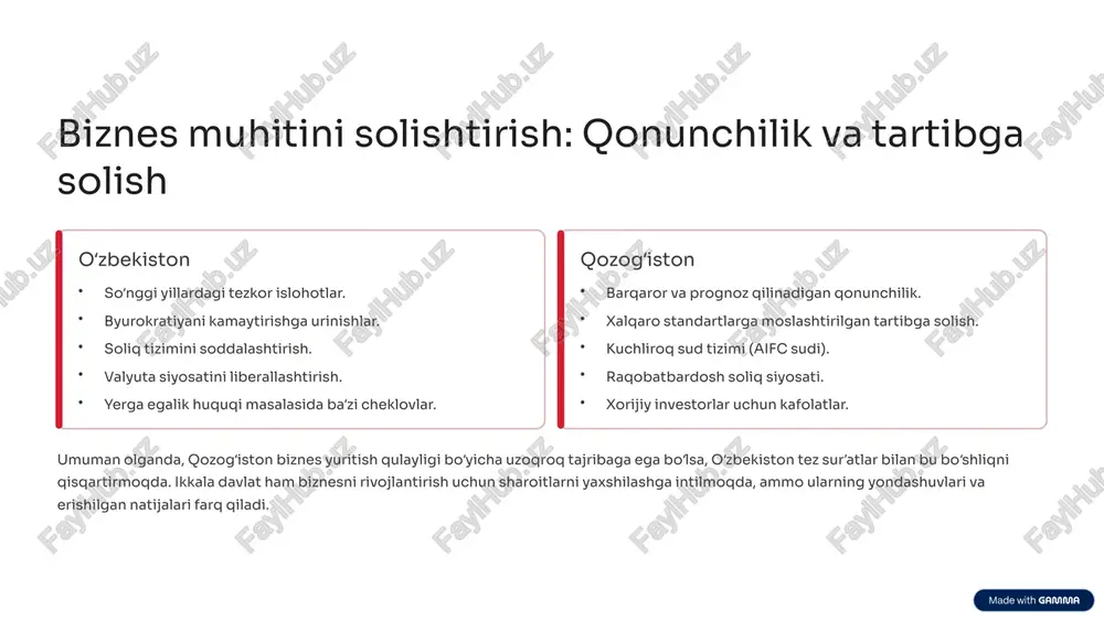 qsa yuqori texnologiyali va qayta ishlash sanoatiga sarmoya kiritish muhim. kob segmentining raqobatbardoshligini oshirish va innovatsiyalarni qoʻllab-quvvatlash kerak. mintaqaviy hamkorlik ikkala davlat ham markaziy osiyo mintaqaviy hamkorligini kuchaytirish orqali oʻzaro savdo-sotiqni oshirishi va umumiy investitsion jozibadorlikni oshirishi mumkin. transport koridorlarini rivojlantirish va umumiy loyihalarni amalga oshirish muhimdir. oʻzbekiston va qozogʻistonning xususiy sektorlari oʻziga xos xususiyatlarga va rivojlanish bosqichlariga ega. biroq, har ikki davlat ham iqtisodiy oʻsish va farovonlikka erishish uchun xususiy tadbirkorlikni qoʻllab-quvvatlash zarurligini anglaydi. ularning tajribasi markaziy osiyoning iqtisodiy kelajagini belgilaydi. 10 image-1002-1.png image-1002-2.png image-1-1.png image-1003-1.png image-1003-2.png image-2-1.png image-1004-1.png image-1004-2.png image-3-1.png image-3-2.png image-3-3.png image-1005-1.png image-1005-2.png image-4-1.png image-4-2.png image-1006-1.png image-1006-2.png image-1007-1.png image-1007-2.png image-6-1.png image-1008-1.png image-1008-2.png image-7-1.png image-7-2.svg image-7-3.png image-7-4.svg image-7-5.png image-7-6.svg image-7-7.png image-7-8.svg image-1009-1.png image-1009-2.png image-8-1.png image-8-2.png image-1010-1.png image-1010-2.png image-9-1.png image-9-2.png image-9-3.png image-9-4.png image-1011-1.png image-1011-2.png