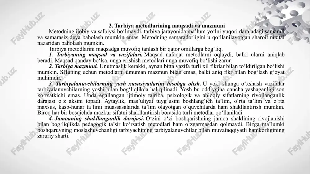 chiqishi kerak. ibratning aynan ana shu jihati komil inson tarbiyasida katta ahamiyatga ega. 5. tarbiyada ragʻbatlantirish va jazolash metodlari ragʻbatlantirish metodlari – oʻquvchilarning harakatlarini ijobiy baholashni koʻzda tutadi. ragʻbatlantirish quvonch, qoniqish, qanoatlanish kechinmalarini paydo qiladi, tetiklik va gʻayrat bagʻishlaydi, oʻz kuchiga ishonchni mustahkamlaydi, ijobiy xatti-harakatlarni ragʻbatlantiradi, oʻz faoliyati va xulqiga mas’uliyatini oshiradi. ragʻbatlantirish metodlari xilma-xil boʻlib, ular tarkibiga ma’qullash, koʻngil koʻtarish, dalda berish, ishonch bildirish, qayd qilish, ogʻzaki va yozma tashakkur bildirish, mukofatlash va boshqalar kiradi. ragʻbatlantirish pedagogik talablarni hisobga olgan holda qoʻllanilishi lozim. har qanday ragʻbatlantirish oʻquvchining jamoa oldidagi chinakkam xizmatlariga muvofiq boʻlishi lozim. ragʻbatlantirish vaqtida oʻquvchining alohida xususiyatlarini, jamoada tutgan oʻrnini hisobga olish va u ketma-ket boʻlmasligi kerak. haddan oshirib maqtash jamoaga nisbatan taqqoslash talabchanlikni boʻshashtirib yuborish, bular oʻquvchida man-manlik, xudbinlik sifatlarining yuzaga kelishiga sabab boʻladi. ragʻbatni tashkil etishda oʻquvchining muvaffaqiyati bilan birga uning jamoadagi oʻrni, axloqiy qiyofasi, shuningdek, mehnatga, jamoa topshiriqlariga, jamoaning oʻziga munosabati borasidagi jamoa fikrini …