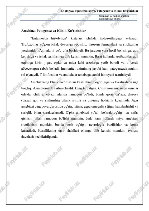 o'ziga xoslik har xil testlarda farq qilishi mumkin. jigar abstsessasiga shubha bo'lganda, ayniqsa mikroskopik tekshiruv manfiy bo'lganda. koproantigen testi (najos) entamoeba histolytica uchun yuqori o'ziga xoslik. mikroskopik tekshiruvga nisbatan sezgirroq ba'zi hollarda soxta musbat natijalar bo'lishi mumkin. qimmatroq va keng tarqalmagan enteroparazitlarni izlashda qo'shimcha tekshirish usuli. amebiozni differensial diagnostikasi amebiozni differensial diagnostikasi boshqa ichak infeksiyalari va yallig'lanish kasalliklarini istisno qilishni talab qiladi. simptomlari o'xshash bo'lgan kasalliklar orasida bakterial dizenteriya (shigella, salmonella, campylobacter), boshqa protozoal infeksiyalar (giardiasis, balantidiasis), ichakning yallig'lanish kasalliklari (yara kasalligi, kron kasalligi) va hatto ichak saratoni ham bo'lishi mumkin. batafsil anamnez yig'ish, klinik tekshiruv va laboratoriya testlari ushbu kasalliklarni ajratishga yordam beradi. masalan, qonli ich ketishi amebioz va bakterial dizenteriyada bo'lishi mumkin, ammo fekal leykotsitlar bakterial infeksiyaga ishora qilishi mumkin. jigar amebiozi boshqa jigar abstsesslari (masalan, bakterial, piyogenik) va o'smalardan farqlanishi kerak. jigar ultratovush tekshiruvi (utt), kompyuter tomografiyasi (kt) yoki magnit-rezonans tomografiya (mrt) jigar abstsessini tasdiqlash va uning …