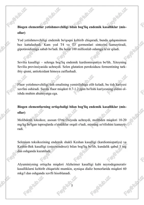 ishlarda nuqsonlar) suv fluoridini kamaytirish, 0,7 ppm dan past darajaga tushirish va 1-2% kaltsiy glyukonatni mahalliy ravishda qo'llash tavsiya etiladi. xulosa va istiqbollar biogen elementlar defisiti erta tashxis orqali kasalliklarni kamaytirish uchun erta skrining dasturlarini rivojlantirishga turtki bo'ladi, bu esa sog'liqni saqlash xarajatlarini 15-20% ga kamaytiradi. kelajakda biogen elementlar ta'sirini baholash uchun inson biomonitoringining ahamiyati ortadi, bu esa milliy sog'liqni saqlash siyosatini 25% ga yaxshilashga imkon beradi. occupational kasalliklarni kamaytirish uchun sanoatda xavfsizlik choralarini kuchaytirish va xodimlarni muntazam tibbiy ko'rikdan o'tkazish 30% kasallikni oldini olishga yordam beradi. xulosa biogen elementlar kimyosi kasalliklari, konsentratsiya o'zgarishiga bog'liq endemik va kasbiy kasalliklar uchun muhim ahamiyatga ega. foydalanilgan adabiyotlar 1. biogeokimyoviy provinsiyalar va endemik kasalliklar. a.p. vinogradov. geoximiya, 1963, № 3, 291-303 betlar. 2. mikroelementlar va inson salomatligi. e. underwood. akademnashr, 1971. 3. atrof-muhit biogeokimyosi. g.e. hutchinson. amerika tabiatshunosi, 1954, 88, 1-9 betlar. 4. kasbiy kasalliklar va kimyoviy elementlar 0 0 0 2 o …