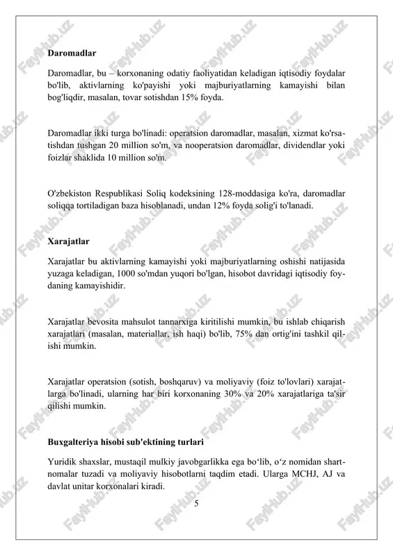 zarurligini ta'kidlash kerak, bu esa keyingi moliyaviy hisobotlarga ta'sir qilishi mumkin. xulosa hisob sub'ekti va ob'ektlari buxgalteriya hisobining muhim asosidir, bu esa moliyaviy ma'lumotlarning aniq va ishonchli tarzda yuritilishini ta'minlaydi. foydalanilgan adabiyotlar 1. horngren, c. t., sundem, g. l., stratton, w. o. (2014). accounting. pearson education. 2. kimmel, p. d., weygandt, j. j., kieso, d. e. (2018). accounting: tools for business decision making. john wiley sons. 3. libby, r 0 0 0 4 o ? zbekiston respublikasi oliy ta’lim, fan va innovatsiyalar vazirligi mustaqil ish mavzu: buxgalteriya hisobi subyekti va obyektlari /docprops/thumbnail.emf o ? zbekiston respublikasi oliy ta’lim, fan va innovatsiyalar vazirligi mustaqil ish mavzu: buxgalteriya hisobi subyekti va obyektlari