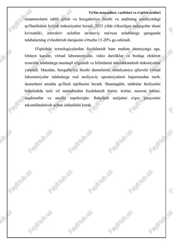 bilan bog'liq yangi talablar paydo bo'lmoqda. kasbiy standartlar buxgalter va auditorning kompetentliklari, bilim va ko'nikmalariga qo'yiladigan aniq talablarni belgilaydi. o‘quv dasturlari esa ushbu talablarni qondirishga yo'naltirilgan bo'lishi kerak. misol uchun, “buxgalteriya hisobi xalqaro standartlari” (bhxs) va “audit xalqaro standartlari” (axs) sohasidagi bilimlar va ko'nikmalar kasbiy standartlarda aks ettirilishi va o'quv dasturlariga kiritilishi lozim. kasbiy standartlar va o‘quv dasturlarini integratsiyalash jarayonida quyidagi zamonaviy tendensiyalarni hisobga olish muhim: axborot texnologiyalaridan foydalanish, ma'lumotlar tahlili, sun'iy intellekt va raqamli audit. o‘quv dasturlari ushbu sohalardagi bilim va ko'nikmalarni o'z ichiga olishi kerak. shuningdek, kasbiy standartlar uzluksiz kasbiy ta'limni ta'minlashga qaratilgan bo'lishi lozim. buxgalter va auditorlar o'z bilim va ko'nikmalarini doimiy ravishda yangilab turishlari, yangi me'yoriy hujjatlar va texnologiyalarni o'rganishlari kerak. o‘quv dasturlari bu jarayonni qo‘llab-quvvatlashi, masofaviy ta’lim, vebinarlar, seminarlar va boshqa shakllarda uzluksiz kasbiy ta’lim imkoniyatlarini taqdim etishi darkor. kasbiy standartlar va o'quv dasturlari o'rtasidagi aloqani mustahkamlash maqsadida, ish beruvchilar, professional tashkilotlar va ta'lim muassasalari …