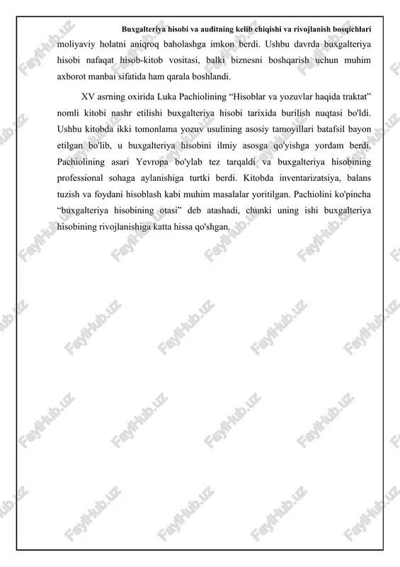 atga ega. 📋 buxgalteriya hisobi va auditning rivojlanish tarixi buxgalteriya hisobi va auditning rivojlanish bosqichlari [diagramma qo'shish xatosi: no elements provided] buxgalteriya hisobi va auditning rivojlanishiga ta'sir etuvchi omillar raqamlashtirishning buxgalteriya hisobi va auditga ta'siri bugungi kunda raqamlashtirish buxgalteriya hisobi va audit sohasiga sezilarli ta'sir ko'rsatmoqda. bulutli texnologiyalar, sun'iy intellekt (ai) va katta hajmdagi ma'lumotlarni tahlil qilish (big data) buxgalteriya hisobi jarayonlarini avtomatlashtirish, xatolarni kamaytirish va samaradorlikni oshirish imkonini beradi. masalan, sun'iy intellekt asosidagi dasturlar moliyaviy hisobotlardagi nomuvofiqliklarni aniqlash va firibgarlikni aniqlashda yordam beradi. raqamlashtirish shuningdek, real vaqt rejimida ma'lumot olish imkonini berib, qaror qabul qilish jarayonini tezlashtiradi va xatarlarni samarali boshqarishga yordam beradi. bu, o'z navbatida, kompaniyalarning raqobatbardoshligini oshiradi. shunga qaramay, raqamlashtirish bilan birga yangi muammolar ham paydo bo'ladi. ma'lumotlar xavfsizligi, kiberhujumlar va ma'lumotlar maxfiyligini ta'minlash muhim ahamiyatga ega. buxgalterlar va auditorlar raqamli savodxonlikka ega bo'lishi, yangi texnologiyalarni o'zlashtirishi va axborot xavfsizligi bo'yicha bilimlarini doimiy ravishda oshirib borishi zarur. …