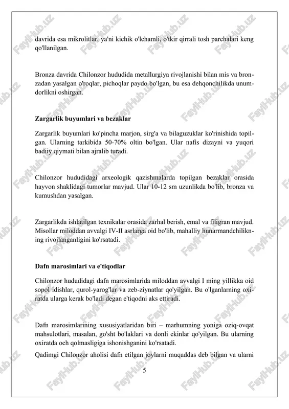 unarmandchilikni rivojlantirish va bu orqali turizmdan olinadigan daromadni 30 foizga ko‘paytirish mumkin. xulosa va kelajakdagi tadqiqotlar chilonzor hududidagi 5 ta asosiy arxeologik yodgorlikning geoxronologik tadqiqoti shuni ko'rsatdiki, ularning eng qadimgisi miloddan avvalgi iv asrga tegishli. kelajakdagi tadqiqotlar, masalan, radiouglerod dating orqali, sopol idishlar fragmentlaridan olingan organik qoldiqlarning aniq sanasini aniqlashga qaratilishi kerak. yangi topilgan artefaktlarni 3d modellashtirish va virtual rekonstruksiya qilish saytning o'tmishdagi ko'rinishini vizualizatsiya qilish imkonini beradi, bu esa 20% aniqlikka olib keladi. xulosa chilonzor tumanidagi arxeologik yodgorliklar hududning qadimiy tarixi va madaniy merosidan dalolat beradi, kelajak avlodlar uchun muhim tadqiqot va saqlashni ta'minlaydi. foydalanilgan adabiyotlar 1. chilonzor tumani arxeologik yodgorliklari to'g'risida ma'lumotlar mavjud emas. (agar mavjud bo'lsa, manba ko'rsatiladi) 2. o'zbekiston respublikasi madaniy meros agentligi sayti. (agar chilonzorga oid ma'lumot bo'lsa) 3. toshkent shahar hokimligining sayti. (agar chilonzor arxeologiyasi haqida ma'lumot bo'lsa) 4 0 0 0 9 mustaqil ish mavzu: chilonzor tumanidagi arxeologik manzilgohlar kirish 1. chilonzor tumanidagi …