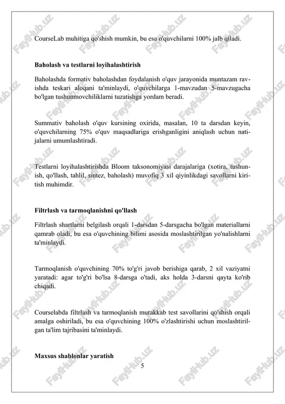 ishilganligini ta'kidlang, masalan, talabalar 1991-yil 1-sentabrdagi mustaqillik e'lonini yaxshi tushunganliklarini isbotlang. xulosa courselab'da tarix darslarini loyihalash talabalarni faol jalb qilish, tushunishni chuqurlashtirish va o'quv jarayonini qiziqarliroq qilish imkonini beradi. foydalanilgan adabiyotlar 1. kurs ishlanmalarida tarix darslarini loyihalashtirish bo'yicha aniq maqolalar, kitoblar yoki veb-saytlar mavjud emas. umumiy tarix o'qitish metodologiyasi va courselab dasturi bo'yicha resurslarni topishingiz mumkin. 2 0 0 0 2 o ? zbekiston respublikasi oliy ta’lim, fan va innovatsiyalar vazirligi referat mavzu: courselab dasturida tarix darslarini loyihalash. /docprops/thumbnail.emf o ? zbekiston respublikasi oliy ta’lim, fan va innovatsiyalar vazirligi referat mavzu: courselab dasturida tarix darslarini loyihalash.