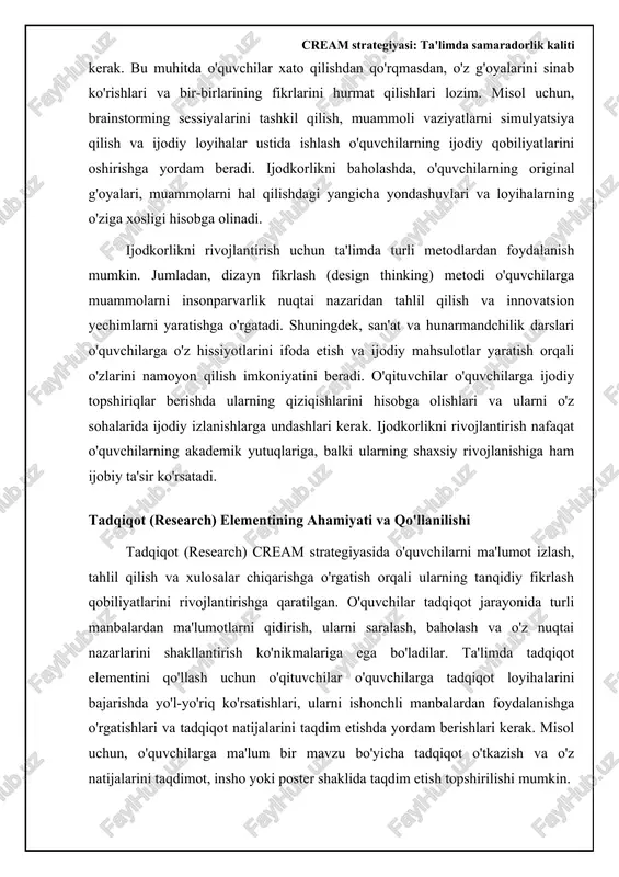 sh bilan tashqi motivatsiya yakuniy tashqi (mukofot) o'rtacha kurs yakuni o'z-o'zini baholash bilan aralash motivatsiya davriy aralash yuqori mustaqil ish cream strategiyasi: ta'limda samaradorlik kaliti cream strategiyasining asosiy tamoyillari cream strategiyasi ta’lim jarayonida o’quvchilarning kognitiv faolligini oshirishga qaratilgan. bu strategiya constructivism (konstruktivizm), relevance (dolzarblik), engagement (jalb qilinish), assessment (baholash) va motivation (motivatsiya) kabi elementlarni o’z ichiga oladi. konstruktivizm o’quvchilarga yangi bilimlarni avvalgi bilimlari bilan bog’lashga yordam beradi. masalan, matematika darsida algebraik tenglamalarni o’rganishda, o’quvchilar avvalgi arifmetik bilimlardan foydalanishlari mumkin. bu orqali yangi tushunchalar yanada tushunarli bo’ladi. relevans o’quvchilarning o’rganayotgan materiallari ularning hayoti bilan bog’liq ekanligini his qilishlariga yordam beradi. agar o’quvchi materialning kundalik hayotda qo’llanilishini ko’rsa, o’rganishga bo’lgan motivatsiyasi ortadi. jalb qilinish esa o’quvchilarni faol ishtirok etishga undaydi. bu guruhli loyihalar, munozaralar yoki interaktiv mashqlar orqali amalga oshirilishi mumkin. baholash o’quvchilarning o’zlashtirish darajasini aniqlashga yordam beradi va motivatsiyani saqlash uchun doimiy ravishda berilishi kerak. motivatsiya esa o’quvchilarni o’z maqsadlariga erishishga …