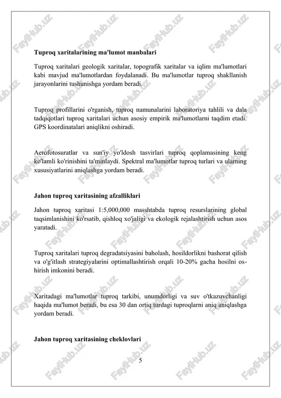 ini ta'minlaydi, tuproqni boshqarish bo'yicha qarorlarni qabul qilishda. xulosa butun dunyo tuproq xaritasi global tuproq resurslari monitoringi orqali 118 ta asosiy tuproq guruhini aniqlashga yordam beradi, bu esa qishloq xo'jaligi va ekologik siyosatni shakllantirish uchun muhimdir. tuproq degradatsiyasi, eroziyasi va ifloslanish tendentsiyalarini aniqlash, kelajakda 2050-yilga borib oziq-ovqat xavfsizligini ta'minlash uchun tuproqni boshqarish strategiyalarini ishlab chiqishda muhim ahamiyatga ega. ma'lumotlar tahlili global miqyosda tuproq unumdorligini oshirish, uglerod sekvestratsiyasini kuchaytirish va 2030-yilgacha barqaror rivojlanish maqsadlariga erishish uchun yangi texnologiyalarni joriy etish imkoniyatlarini ochadi. xulosa jahon tuproq xaritasi tuproq resurslarini tushunish, monitoring qilish va ulardan oqilona foydalanish uchun qimmatli ma’lumot beradi, shu bilan birga barqaror qishloq xo’jaligini ta’minlashga xizmat qiladi. foydalanilgan adabiyotlar 1. fao. (2003). dunyo tuproq xaritasi qayta ko'rib chiqilgan afsona. tuproq resurslari hisoboti 94. rim. 2. iuss working group wrb. (2015). tuproq resurslari jahon bazasi 2014, yangilangan 2015. fao jahon tuproq resurslari hisoboti 106. fao, rim. 3. nachtergaele, f. o 0 …