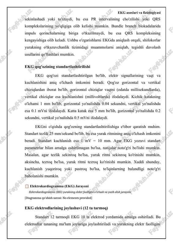 atda 60 dan 100 urish/minutgacha. 100 urish/minutdan yuqori chastota taxikardiya, 60 urish/minutdan past chastota esa bradikardiya hisoblanadi. 📊 ekg to'lqinlari: normal ko'rsatkichlar ushbu jadval ekg to'lqinlarining normal ko'rsatkichlari, davomiyligi va amplitudasi haqida ma'lumot beradi. ekg to'lqini normal davomiyligi (sekund) normal amplitudasi (mv) fiziologik ma'nosi p to'lqini 0.06 - 0.11 0.05 - 0.25 atriyalarning depolarizatsiyasi. o'ng va chap bo'lmachalarning qo'zg'alishi. qrs kompleksi 0.06 - 0.10 q to'lqini: 0.05 - 0.1 mv; r to'lqini: 0.5 - 1.6 mv; s to'lqini: 0.2 - 0.8 mv qorinchalarning depolarizatsiyasi. qorinchalarning qo'zg'alishi. t to'lqini 0.10 - 0.25 0.1 - 0.5 qorinchalarning repolyarizatsiyasi. qorinchalarning dam olish holatiga qaytishi. pr interval 0.12 - 0.20 yo'q (interval davomiyligi) atriyalardan qorinchalarga impuls o'tishi vaqti. av tugun orqali o'tish vaqti. qt interval 0.36 - 0.44 (yurak urish tezligiga bog'liq) yo'q (interval davomiyligi) qorinchalarning depolarizatsiyasi va repolyarizatsiyasining umumiy vaqti. ekg asoslari va fiziologiyasi ekg ritmini baholash: asosiy tushunchalar ekg ritmini baholash ekg …