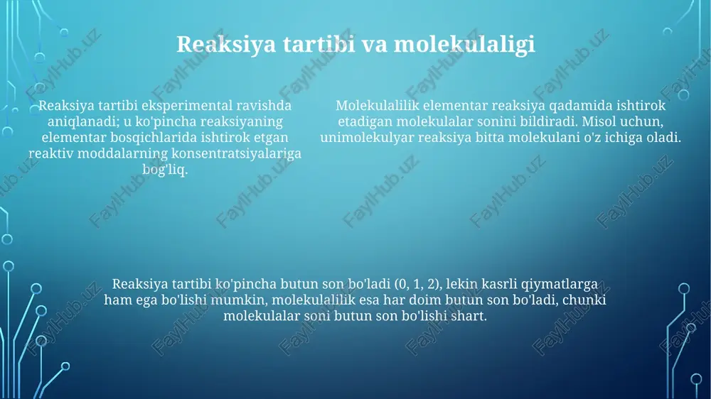 lik konstantalarini (k1 va k-1) aniqlash orqali muvozanat konstantasini (k = k1/k-1) hisoblashga imkon beradi. konsentratsiyalar va haroratning o'zgarishi reaksiyaning tezligiga ta'sir qiladi; arrhenius tenglamasi tezlik konstantasining haroratga bog'liqligini (ea, a) ifodalaydi. tez reaksiyalarni o'rganish usullari spektrofotometriya, yorug'lik yutilishi orqali reaksiyaning borishini kuzatadi. absorbansning o'zgarishi reagentlar yoki mahsulotlar konsentratsiyasini vaqt o'tishi bilan aniqlashga yordam beradi, tezkor kinetik ma'lumot beradi. o'tkazuvchanlik o'lchovi ion konsentratsiyasining o'zgarishini o'lchaydi. eritmadagi ionlarning miqdori reaksiyaning tezligini aniqlashga imkon beradi, ayniqsa ionli reaksiyalar uchun mos keladi, tez reaksiyalarda qo'llaniladi. o'tkazuvchanlik o'lchovi ion konsentratsiyasining o'zgarishini o'lchaydi. eritmadagi ionlarning miqdori reaksiyaning tezligini aniqlashga imkon beradi, ayniqsa ionli reaksiyalar uchun mos keladi, tez reaksiyalarda qo'llaniladi. arrhenius tenglamasi va faollanish energiyasi (eritmalarda) aktivatsiya energiyasi (ea) eritmadagi reaksiyaga kirishuvchi molekulalar minimal darajada yengishi kerak bo'lgan energiya to'sig'idir; yuqori ea qiymati sekinroq reaksiya tezligini ko'rsatadi. arrhenius tenglamasi eritmalarda reaksiyaning tezlik konstantasi (k) va absolyut harorat (t) orasidagi bog'liqlikni ifodalaydi, bu k=ae^(-ea/rt), a pre-eksponensial …