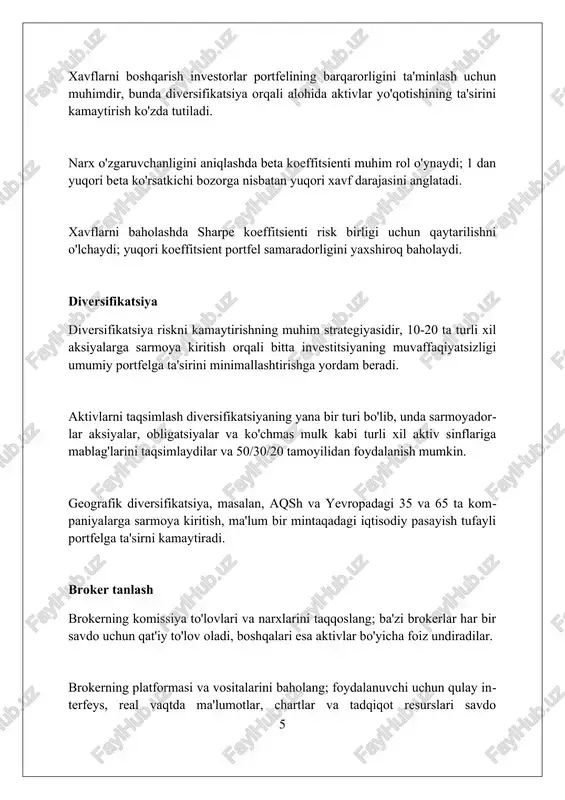 shlari, raqobatbardosh holati va sohadagi o'zgarishlarga moslashish strategiyalari haqida 100 dan ortiq savollarga javob berishi kerak. investorlar savollarga javoblarni tahlil qilib, risklarni baholaydilar va kompaniyaning qiymatini aniqlaydilar, bu esa 5 yillik istiqbollarni va moliyaviy barqarorlikni tushunishga yordam beradi. xulosa fond bozori iqtisodiyotning muhim ko'rsatkichi bo'lib, investitsiya imkoniyatlari va xatarlarni o'z ichiga oladi, doimiy e'tibor va tahlil talab qiladi. foydalanilgan adabiyotlar 1. fond bozori: nazariya va amaliyot / carol alexander. 2. qimmatli qog'ozlar bozori / robert a. haugen. 3. inverstorning aql-idroki / benjamin graham. 4. birja sehrgarlari / jack d. schwager. 5 0 0 0 2 o ? zbekiston respublikasi oliy ta’lim, fan va innovatsiyalar vazirligi referat mavzu: fond bozori /docprops/thumbnail.emf o ? zbekiston respublikasi oliy ta’lim, fan va innovatsiyalar vazirligi referat mavzu: fond bozori