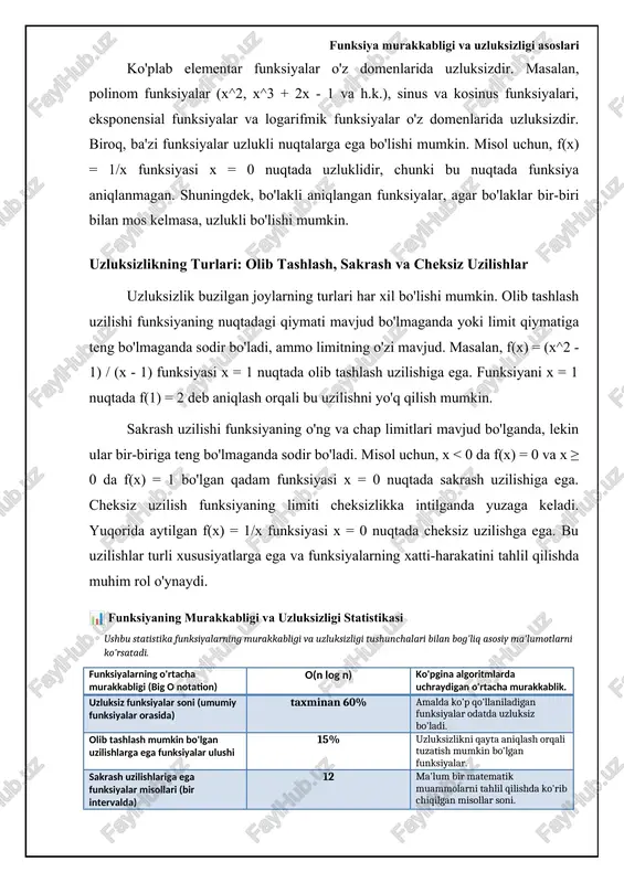 ashda tezroq algoritmlar ancha samaraliroq bo'ladi. amaliyotda, funksiya murakkabligini tushunish, optimal algoritmni tanlash va samarali dasturiy ta'minotni yaratish uchun zarurdir. 📋 funksiya murakkabligi va uzluksizligi funksiya murakkabligini baholash va uning uzluksizligini aniqlash jarayoni. [diagramma qo'shish xatosi: no elements provided] uzilishsizlik va hisoblash amaliyotlari funksiyaning uzluksizligi tushunchasi, uning kichik o'zgarishi argumentning kichik o'zgarishiga mos kelishini anglatadi. boshqacha qilib aytganda, uzluksiz funksiya grafigi uzilishsiz yoki sakrashlarsiz chiziladi. matematik tahlilda bu tushuncha juda muhim, chunki u differensiallash va integrallash kabi amallarni bajarish uchun asos yaratadi. amaliy nuqtai nazardan, uzluksizlik, ma'lumotlar vizualizatsiyasi, model tuzish va muammolarni hal qilishda muhim rol o'ynaydi. hisoblash amaliyotlarida uzluksizlikning ahamiyati juda katta. masalan, gradient tushishi kabi optimallashtirish algoritmlari uzluksiz funksiyalarga tayanadi. gradient tushishi funksiyaning minimal nuqtasini topish uchun funksiya grafigi bo'ylab pastga siljiydi. agar funksiya uzluksiz bo'lmasa, gradient tushishi noto'g'ri natijalarga olib kelishi mumkin. bundan tashqari, ma'lumotlarni interpolatsiya qilish va ekstrapolyatsiya qilish kabi amallar ham uzluksiz funksiyalarga asoslangan. uzluksizlik …