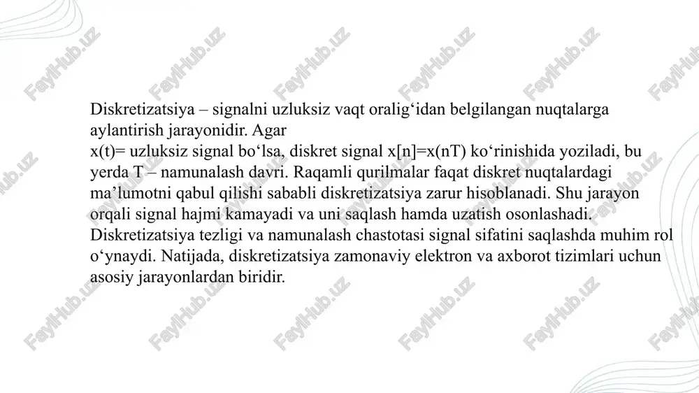 li signalning sifatini saqlash imkoniyati muhimdir. kompyuter texnologiyalari orqali real vaqtda signalni qayta ishlash va analiz qilish amalga oshiriladi. shu bilan teorema multimedia va kompyuter tizimlarining sifatini va samaradorligini oshiradi. masalan, harorat, bosim yoki tezlik sensorlari o‘lchov ma’lumotlarini raqamli formatga aylantiradi. diskretizatsiya xatolarini kamaytirish uchun filtrlar va yuqori namunalash chastotasi qo‘llanadi. shu bilan sensor tizimlari yanada aniq va ishonchli ma’lumot beradi. natijada, zamonaviy o‘lchash tizimlarida signal sifatini saqlash va aniqlik oshiriladi. sensor va o‘lchash tizimlarida diskretizatsiya roli sensorlar tomonidan olinadigan fizik signallar uzluksiz bo‘ladi. ularni raqamli tizimlarda ishlatish uchun diskretizatsiya talab qilinadi: x[n]=x(nt) shu jarayon signalni kompyuter tizimida tahlil qilish va qayta ishlashga tayyorlaydi. kotelnikov teoremasi bugungi kunda yangi texnologiyalarni rivojlantirishda asosiy nazariy baza hisoblanadi. raqamli signalni qayta tiklash va xatolarni kamaytirish usullari doimiy ravishda takomillashmoqda. yangi tadqiqotlar aliasingni oldini olish va filtrlarni optimallashtirishga qaratilgan. shuningdek, yuqori chastotali signallarni yuqori sifatda uzatish bo‘yicha ishlar olib borilmoqda. teorema tahlillari simulyatsiya va …