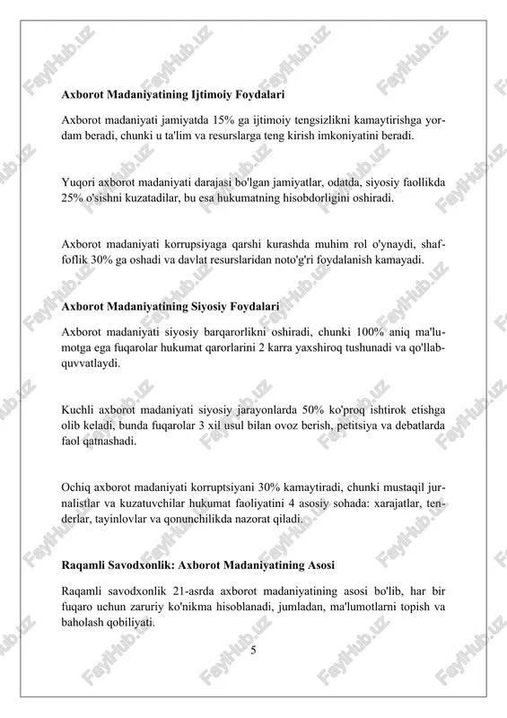 iyalar va barqaror rivojlanish uchun muhim poydevordir. foydalanilgan adabiyotlar 1. castells, m. (2000). the rise of the network society. blackwell publishing. 2. steger, m. b. (2017). globalization: a very short introduction. oxford university press. 3. webster, f. (2006). theories of the information society. routledge. 4. schiller, h. i. (1996) 0 0 0 10 o ? zbekiston respublikasi oliy ta’lim, fan va innovatsiyalar vazirligi referat mavzu: globallashuv davrida axborot madaniyati zaruryati /docprops/thumbnail.emf o ? zbekiston respublikasi oliy ta’lim, fan va innovatsiyalar vazirligi referat mavzu: globallashuv davrida axborot madaniyati zaruryati