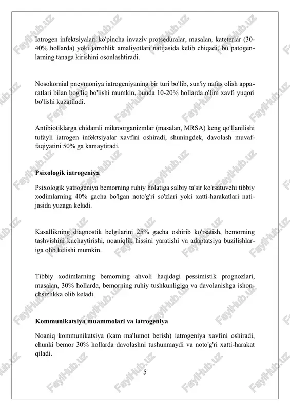 di. bemorlarning tibbiy xatoliklar va yatrogeniya holatlari haqida xabar berish mexanizmlarini takomillashtirish, shaffoflikni oshirish va sog'liqni saqlash tizimida javobgarlikni ta'minlash muhim ahamiyatga ega. yatrogeniya xavfini kamaytirish uchun tibbiy ta'lim dasturlari va amaliyotida xatoliklarni oldini olish, bemor xavfsizligi protokollari va samarali kommunikatsiya ko'nikmalariga alohida e'tibor qaratish lozim. xulosa iatrogeniya zamonaviy tibbiyotning jiddiy muammosi bo'lib qolmoqda, bemorlarga zarar yetkazmaslik uchun doimo ehtiyot choralarini ko'rish zarur. foydalanilgan adabiyotlar 1. bok, s. (1978). yolg'on. nyu-york: panteon kitoblari. 2. illix, i. (1976). tibbiy nemezis: sog'liqni saqlashning ekspropriatsiyasi. nyu-york: panteon kitoblari. 3. levinson, d. (2003). zarar: zamonaviy tibbiyotning yashirin tomoni. toronto: maklelland va styuart. 4. makkulou, l. b., va jons, j 0 0 0 2 o ? zbekiston respublikasi oliy ta’lim, fan va innovatsiyalar vazirligi mustaqil ish mavzu: hozirgi zamon tibbiyotida yatrogeniya muammolari. /docprops/thumbnail.emf o ? zbekiston respublikasi oliy ta’lim, fan va innovatsiyalar vazirligi mustaqil ish mavzu: hozirgi zamon tibbiyotida yatrogeniya muammolari.