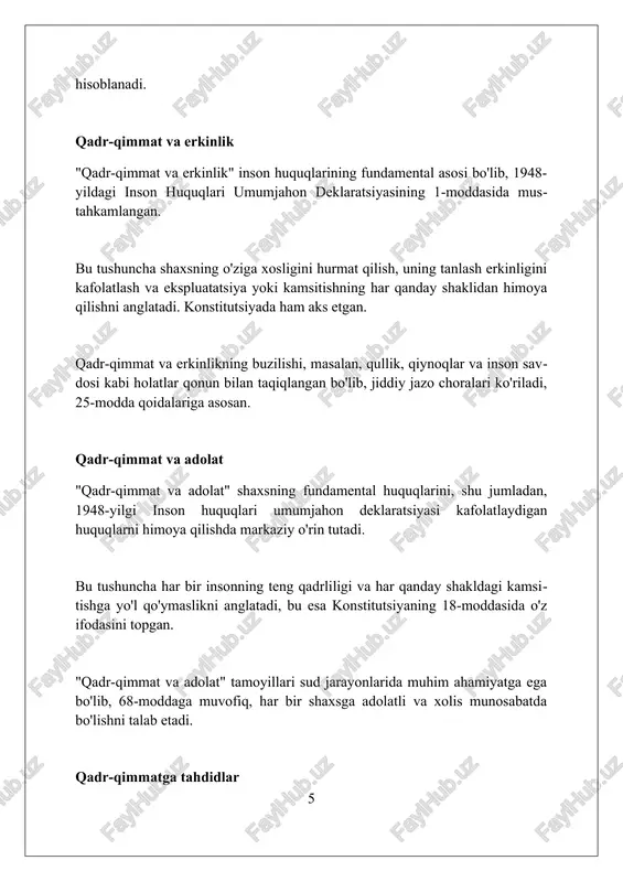 rish va resurslardan oqilona foydalanish zarur. xulosa inson qadr-qimmati har bir insonning ajralmas huquqi boʻlib, uni hurmat qilish va himoya qilish adolatli va barqaror jamiyatning asosi hisoblanadi. foydalanilgan adabiyotlar 1. inson huquqlari umumjahon deklaratsiyasi, 1-modda. 2. o'zbekiston respublikasining konstitutsiyasi, 13-modda. 3. dworkin, r. (1977). rights as trumps. in taking rights seriously. harvard university press. 4. waldron, j. (2012). dignity, rank, and rights. oxford university press. 5. kateb, g. (2011) 0 0 0 7