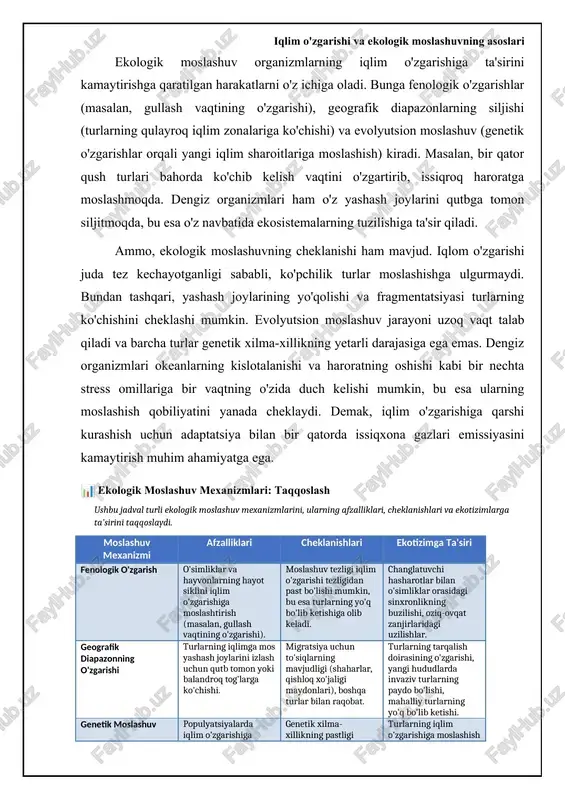 ekin bu ham muammolarni keltirib chiqaradi, masalan, yangi areallarda turlar mavjud ekotizimga moslashishi kerak, bu esa raqobatni kuchaytirishi va mahalliy turlarning yo'q bo'lib ketishiga olib kelishi mumkin. 📊 iqlim o'zgarishi va ekologik moslashuv: asosiy ma'lumotlar ushbu statistika iqlim o'zgarishining ekologik tizimlarga ta'siri va organizmlarning moslashuv strategiyalarini ko'rsatadi. ko'chib yuruvchi qushlarning migratsiya vaqtlari o'zgargan 65% global isish tufayli o'simliklarning gullash vaqti oldinga siljishi sababli ko'chib yuruvchi qushlarning 65% migratsiya vaqtlari o'zgargan. o'simlik zonalari qutb tomonga siljishi 56 km o'rtacha haroratning ko'tarilishi oqibatida o'simlik zonalari har o'n yilda o'rtacha 56 km qutb tomonga siljimoqda. dengiz turlari tarqalishining o'zgarishi 2x iqlim o'zgarishi sababli issiq suvga toqatli dengiz turlari sovuq suvlarga nisbatan ikki barobar tezroq tarqalmoqda. gullash davrining erta boshlanishi 10 kun o'rtacha harorat ko'tarilishi tufayli ko'pgina o'simliklarning gullash davri odatdagidan o'rtacha 10 kun erta boshlanmoqda. yo'qolib ketish xavfi ostida bo'lgan turlar 25% iqlim o'zgarishi tufayli dunyo bo'ylab turlarning taxminan 25% yo'qolib ketish xavfi …