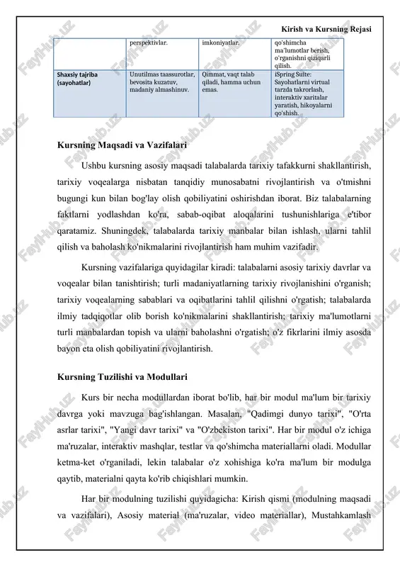 abi formatlarda bo'lishi mumkin. kurs davomida ispring suite imkoniyatlaridan to'liq foydalanish uchun sizga platformaning asosiy funksiyalari bilan tanishish tavsiya etiladi. masalan, ma'ruzalarni tomosha qilish, interaktiv mashqlarni bajarish, testlardan o'tish va qo'shimcha materiallarni yuklab olish. agar sizda texnik muammolar yuzaga kelsa, bizning texnik yordam xizmatimizga murojaat qilishingiz mumkin. texnik yordam xizmati sizga platforma bilan ishlashda yordam beradi va barcha savollaringizga javob beradi. kirish va kursning rejasi tarixiy kurslar uchun kontent rejalashtirishning asosiy tamoyillari tarixiy mavzular bo'yicha multimedia kurslarini yaratishda kontentni rejalashtirish asosiy o'rin tutadi. bu jarayonning birinchi bosqichi maqsadli auditoriyani aniqlashdir. talabalar, o'qituvchilar yoki umumiy auditoriya uchun mo'ljallangan kurslar kontent jihatidan farq qiladi. maqsadli auditoriya darajasini aniqlagach, kursning o'quv maqsadlarini belgilash kerak. o'quv maqsadlari aniq, o'lchanadigan, erishish mumkin bo'lgan, relevant va vaqtga bog'liq (smart) bo'lishi kerak. misol uchun, "o'rta osiyo tarixini o'rganish" kursining o'quv maqsadi "o'rta osiyoning asosiy tarixiy davrlarini va ularning siyosiy, iqtisodiy va madaniy xususiyatlarini tahlil qilish" bo'lishi mumkin. …