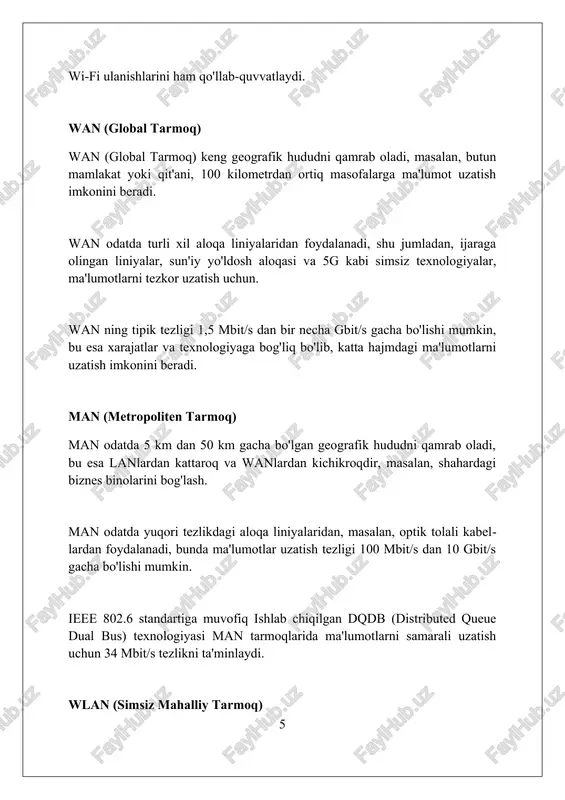 sh kerak bo'ladi. xulosa xulosa shuni ko'rsatadiki, 4 xil asosiy kompyuter tarmog'i mavjud: lan, man, wan va pan, ularning har biri o'ziga xos geografik qamrov va 10 tagacha qurilmani qo'llab-quvvatlash imkoniyatiga ega. taqdim etilgan tarmoq topologiyalarining samaradorligi, 100 mbit/s gacha bo'lgan tezlik bilan ma'lumotlarni uzatish, xarajatlar va xavfsizlik choralarining muvozanatiga bog'liq bo'lib, tashkilot tanlashda muhim omil hisoblanadi. turli xil tarmoq turlari, masalan, simsiz wlan standartlari ieee 802.11 oilasiga tegishli bo'lib, xavfsizlik protokollari wpa2 yoki wpa3 bilan himoyalangan bo'lishi kerak, bu ma'lumotlarning xavfsizligini ta'minlaydi. xulosa kompyuter tarmoqlarining asosiy turlari turli xil ehtiyojlarni qondiradi. tarmoqni tanlash biznesning o'lchami, xarajatlari va kerakli resurslariga bog'liqdir. foydalanilgan adabiyotlar 1. olifer, v. g., olifer, n. a. (2016). kompyuter tarmoqlari. printsip, texnologiya, protokollar. sankt-peterburg: piter. 2. tanenbaum, a. s., wetherall, d. j. (2011). kompyuter tarmoqlari. (5-nashr). pearson education. 3. kurose, j. f., ross, k. w. (2017) 0 0 0 10