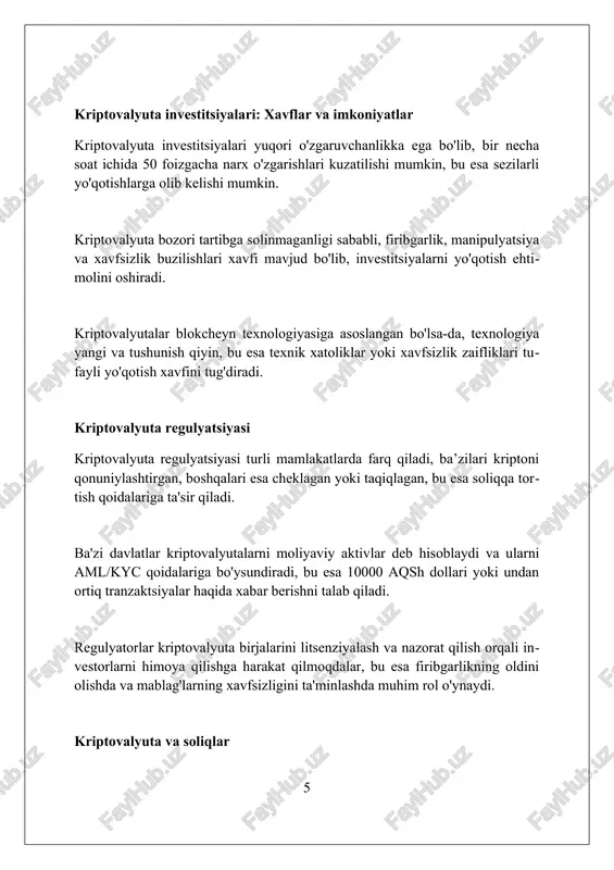 beradi. kriptovalyuta firibgarligi kriptovalyuta firibgarligi ko'pincha soxta ico'lar orqali sodir bo'ladi, bunda firibgarlar real bo'lmagan loyihalar uchun 1 million dollargacha sarmoya yig'adilar va keyin g'oyib bo'lishadi. pump and dump sxemalari keng tarqalgan, bunda guruhlar kriptovalyuta narxini sun'iy ravishda oshirib, keyin uni sotib yuboradilar va boshqa sarmoyadorlarni katta yo'qotishlarga olib keladilar. kriptovalyuta hamyonlarini o'g'irlash va fishing usullari orqali shaxsiy ma'lumotlarni qo'lga kiritish, 10 minglab foydalanuvchilarning 5 million dollargacha aktivlarini yo'qotishga olib kelishi mumkin. xulosa kriptovalyuta - bu rivojlanayotgan texnologiya bo'lib, uning kelajagi noaniq, ammo moliyaviy sohada katta o'zgarishlar qilish potentsialiga ega. foydalanilgan adabiyotlar 1. nakamoto, s. (2008). bitcoin: a peer-to-peer electronic cash system. 2. antonopoulos, a. m. (2014). mastering bitcoin: unlocking digital cryptocurrencies. o'reilly media. 3. buterin, v. (2013). ethereum: a next-generation smart contract and decentralized application platform. 4. de filippi, p 0 0 0 2