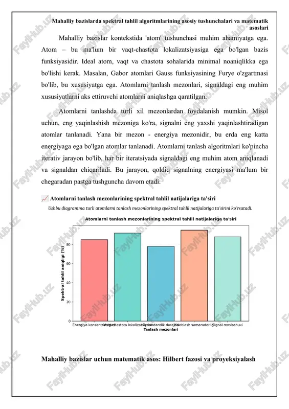 eksiyasini hisoblaydi. proyeksiyalashdan so'ng, atom signaldan chiqariladi va jarayon qoldiq signal bilan davom etadi. mp algoritmi oddiy va moslashuvchanligi tufayli keng qo'llaniladi. biroq, u hisoblash nuqtai nazaridan qimmat bo'lishi mumkin, ayniqsa katta diksiyalar uchun. algoritmning konvergensiyasi va barqarorligi muhim masalalardir. mp ning modifikatsiyalari, masalan, ortogonal mos keluvchi izlash (orthogonal matching pursuit - omp), hisoblash samaradorligini va barqarorligini oshirish uchun ishlab chiqilgan. ⚖️ mahalliy bazislardagi spektral tahlil algoritmlarini taqqoslash turli spektral tahlil algoritmlarining mahalliy bazislar bilan ishlash xususiyatlari item aniqlik hisoblash murakkabligi moslashuvchanlik siqish qobiliyati mp (mos keluvchi izlash) yuqori o'rtacha yuqori o'rtacha mp variatsiyalari juda yuqori yuqori juda yuqori yuqori qisqa vaqtli furye o'zgartirish (stft) va uni amalga oshirish xususiyatlari qisqa vaqtli furye o'zgartirish (stft), nostatsionar signallarni tahlil qilish uchun keng qo'llaniladigan usuldir. stft signalni qisqa vaqt oralig'ida derazalash orqali, so'ngra har bir derazalangan segmentga furye o'zgartirishini qo'llash orqali amalga oshiriladi. natijada, signalning vaqt-chastota taqsimoti olinadi, bu signalning vaqt o'tishi …