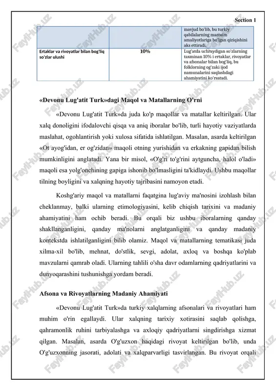 i: qo'shiqlar va o'yinlarning taqqosiy tahlili mahmud qoshg'ariy asarida keltirilgan qo'shiqlar va o'yinlarning ijtimoiy roli, mazmuni va shakllari bo'yicha taqqoslash. item ijtimoiy ahamiyati mavzusi ritmi va ohangi funktsiyasi qo'shiqlar yuqori turli xil (sevgi, urush, marosim) boy, xilma-xil ma'rifiy, axborot beruvchi, ko'ngilochar o'yinlar o'rta ko'ngilochar, jismoniy mashq oddiy ko'ngilochar, jismoniy rivojlanish marosim qo'shiqlari juda yuqori diniy, urf-odatlar marosimlarga mos diniy e'tiqod, jamoaviy birlik section 1 «devonu lug‘atit turk»dagi maqollar va ularning etnolingvistik ahamiyati mahmud koshg‘ariyning «devonu lug‘atit turk» asari nafaqat turkiy tillarning qimmatli lug‘ati, balki turkiy xalqlar madaniyatining o‘ziga xos ensiklopediyasi hamdir. unda turkiy xalqlarning hayoti, urf-odatlari, dunyoqarashi, axloqiy me’yorlari va ma’naviy qadriyatlarini aks ettiruvchi ko‘plab maqol va matallar keltirilgan. ushbu maqollar tilshunoslik nuqtai nazaridan qimmatli bo‘lishi bilan birga, etnolingvistik nuqtai nazardan ham katta ahamiyatga ega. chunki ular turkiy xalqlarning o‘ziga xos etnik xususiyatlari, ijtimoiy hayoti va madaniy merosini o‘rganishda muhim manba bo‘lib xizmat qiladi. masalan, dehqonchilik, chorvachilik, ovchilik va boshqa …
