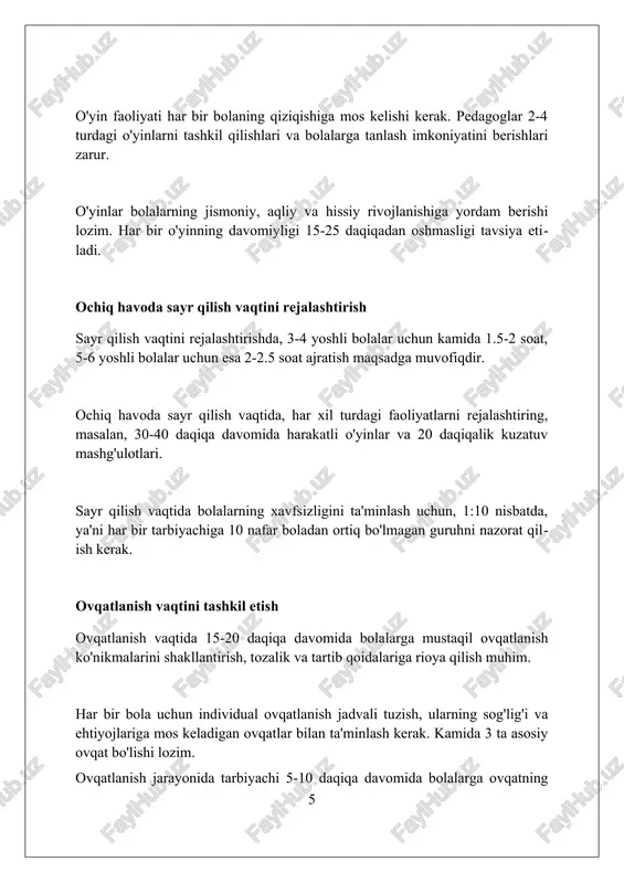 ktabgacha yoshdagi guruhlarda kun tartibini to'g'ri tashkil etish bolalarning sog'lig'ini mustahkamlaydi, rivojlanishini ta'minlaydi va ijobiy odatlarni shakllantiradi. foydalanilgan adabiyotlar 1. makarenko, a.s. (1988). ma'ruzalar bolalar tarbiyasi haqida. toshkent: o'qituvchi. 2. usmonova, r.a., va boshqalar. (2017). maktabgacha ta'lim pedagogikasi. toshkent: ilm ziyo. 3. xalq ta'limi vazirligi. (2020). davlat maktabgacha ta'lim tashkilotlarida ta'lim-tarbiya jarayoniga qo'yiladigan davlat talablari. toshkent. 4. komarova, t.s 0 0 0 9