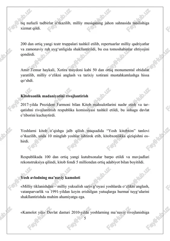 yxatiga kiritildi, turizm salohiyati oshdi. xulosa mustaqillik yillarida o'zbekistonning ma'naviy va madaniy rivojlanishi milliy o'zlikni tiklash va boyitish, an'analarni saqlash, yangi imkoniyatlar yaratish bilan xarakterlanadi. foydalanilgan adabiyotlar 1. mustaqillik yillarida o'zbekistonda ma'naviy yuksalish va madaniy rivojlanish. (maqola yoki kitob nomi sifatida) 2. karimov i.a. yuksak ma'naviyat – yengilmas kuch. toshkent: ma'naviyat, 2008. 3. o'zbekiston respublikasining konstitutsiyasi. toshkent: o'zbekiston, (oxirgi nashr). 4 0 0 0 10