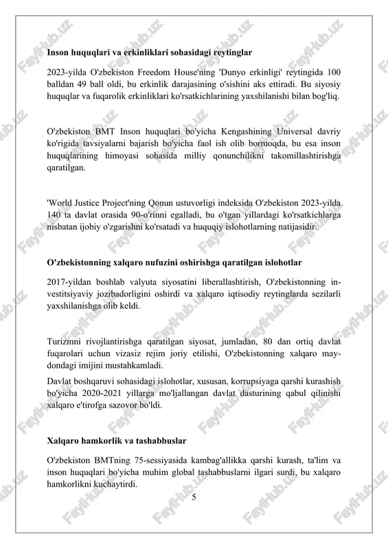 024-yilda to'g'ridan-to'g'ri xorijiy investitsiyalarni jalb qilish uchun muhim signal bo'lib xizmat qiladi. reytinglardagi yaxshilanishlar davlatning iqtisodiy barqarorligini ko'rsatadi, bu esa 2030-yilgacha yalpi ichki mahsulotni ikki barobar oshirish maqsadiga erishishga yordam beradi. o'zbekistonning nufuzi ortishi natijasida 2026-yilga borib xalqaro tashkilotlar bilan hamkorlik kengayadi va global masalalarni hal qilishda ishtirok etish imkoniyatlari oshadi. reytinglarni yaxshilash bo'yicha strategiyalar davlat boshqaruvi samaradorligini oshirish uchun raqamlashtirishni keng joriy etish, xususan, davlat xizmatlarining 80 foizini onlayn platformalarga o'tkazish orqali reytinglarni yaxshilash mumkin. ta'lim sifatini oshirish maqsadida, pisa baholash dasturida ishtirok etish va natijalarni yaxshilash, o'qituvchilarning malakasini oshirish dasturlarini ishlab chiqish va amaliyotga kiritish muhim. investorlar huquqlarini himoya qilish uchun qonunchilikni takomillashtirish, xususan, mulk huquqlarining kafolatlarini kuchaytirish va sud tizimining mustaqilligini ta'minlash orqali reytinglar ko'tariladi. kelgusidagi vazifalar va istiqbollar 2030 yilgacha «o‘zbekiston – 2030» strategiyasini amalga oshirish orqali mamlakatning global innovation indexdagi (gii) ko‘rsatkichlarini yaxshilash, shuningdek, top 50 talikka kirish vazifasi dolzarbdir. korrupsiyaga qarshi kurashishning samaradorligini oshirish …