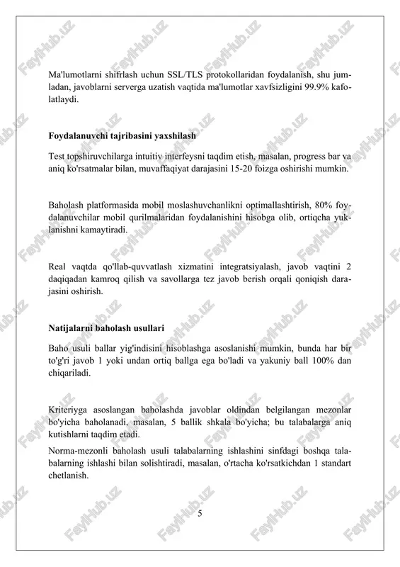 an kamida 8 ball olishga yordam beradi. xulosa onlayn testlar qulaylik, tejamkorlik va keng qamrovlilikni taqdim etadi, lekin ishonchlilik va xavfsizlikni ta'minlash uchun ehtiyotkorlik bilan ishlab chiqilishi va nazorat qilinishi kerak. foydalanilgan adabiyotlar 1. vanguri, a. k. (2019). onlayn testlar: ta'limda baholash va o'rganish uchun qo'llanma. routledge. 2. alsop, g., tompson, l. (2014). baholashning yangi shakllari: onlayn baholash. york akademik matbuoti. 3. bates, t. (2019). texnologiyalardan foydalanishda o'qitish: yuqori ta'lim bo'yicha qo'llanma 0 0 0 9
