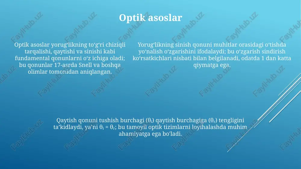 h lozim. 95% ishonch intervalini aniqlash orqali natijalar qanchalik to'g'ri ekanligini bilish mumkin. amaliy qo'llanilishi optik tolalar aloqa tizimlarida ma’lumotlarni uzatish uchun ishlatiladi, bunda sinish qonunlari yorug’lik signalining uzoq masofalarga kam yo’qotish bilan yetkazilishini ta’minlaydi. ko'zoynak va linzalarning dizayni refraksiya qonunlariga asoslanadi, bu esa inson ko’zining ko’rish qobiliyatini 20/20 holatiga keltirish yoki yaxshilash imkoniyatini beradi. ko'zoynak va linzalarning dizayni refraksiya qonunlariga asoslanadi, bu esa inson ko’zining ko’rish qobiliyatini 20/20 holatiga keltirish yoki yaxshilash imkoniyatini beradi. optik asboblar mikroskoplar, teleskoplar va kameralar kabi optik asboblar yorugʻlikni shakllantirib, aks ettirib, yigʻib, analiz qilib, uning xususiyatlari va oʻzaro ta’sirini oʻrganadi, bu esa ilmiy kuzatishlarda va amaliyotda muhim ahamiyatga ega. optik asboblar yorugʻlikni sindirish va qaytarish orqali tasvir yaratadi, bunga linzalar va koʻzgular kiradi; ularning asosiy vazifasi koʻrish imkoniyatini 100x va undan ortiq marta oshirish hisoblanadi. refraktometrlar sindirish koʻrsatkichini aniqlashda ishlatiladi, ulardan gemmologiyada toshlar tarkibini aniqlashda va kimyo sanoatida eritmalar konsentratsiyasini 0.0001 aniqlikda oʻlchash …