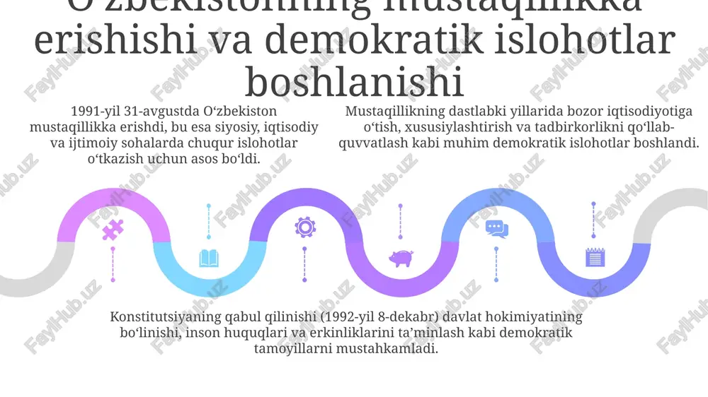 o'zbekistonda bozor iqtisodiyotiga o'tish davrida, davlatning iqtisodiy rolining kamayishi, nodavlat notijorat tashkilotlarining (nnt) soni va faoliyatining kengayishiga imkon yaratdi. iqtisodiy erkinlik darajasining oshishi, xususan tadbirkorlik sohasida, 200 dan ortiq biznes-assotsiatsiyalar va savdo palatalari kabi fuqarolik jamiyati institutlarining paydo bo'lishiga olib keldi. global integratsiya va xalqaro tajriba o'zbekistonning jahon savdo tashkilotiga (wto) kirish jarayoni davlat boshqaruvi va iqtisodiy siyosatda 30 dan ortiq qonunlarni xalqaro standartlarga moslashtirishni talab qiladi. o'zbekiston boloniya jarayoniga qo'shilishi 2024 yilda ta'lim sifatini oshirish va yevropa oliy ta'lim maydoniga integratsiyalash uchun kredit tizimi ectsni joriy etishni nazarda tutadi. o'zbekiston boloniya jarayoniga qo'shilishi 2024 yilda ta'lim sifatini oshirish va yevropa oliy ta'lim maydoniga integratsiyalash uchun kredit tizimi ectsni joriy etishni nazarda tutadi. xulosa: demokratik fuqarolik jamiyatini rivojlantirishning istiqbollari mahalliy o'zini o'zi boshqarish organlari, xususan, mahalla institutining rolini kuchaytirish orqali fuqarolarning muammolarini hal etishda faol ishtirok etishini ta'minlash muhim. 2022-2026 yillarga mo'ljallangan taraqqiyot strategiyasi davlat xizmatlarini raqamlashtirishni va fuqarolarning boshqaruv …