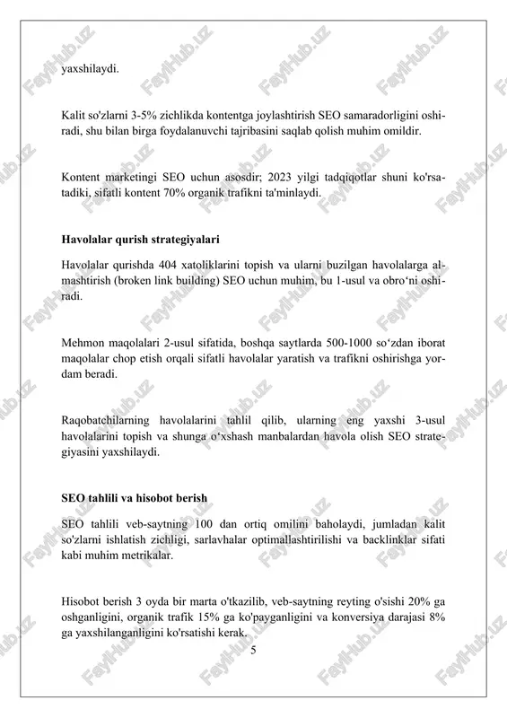 sh, ularning samarali boshqaruvi va strategik rivojlanishi uchun muhim asosdir. foydalanilgan adabiyotlar 1. seo (qidiruv tizimini optimallashtirish) tuzilishi va ishlashini tushunish bo'yicha qo'llanma. 2. seo algoritmlari va reyting omillari haqidagi ilmiy maqolalar. 3. javascript (jsc) dvigatelining arxitekturasi va ishlashini tahlil qiluvchi texnik hujjatlar. 4 0 0 0 2