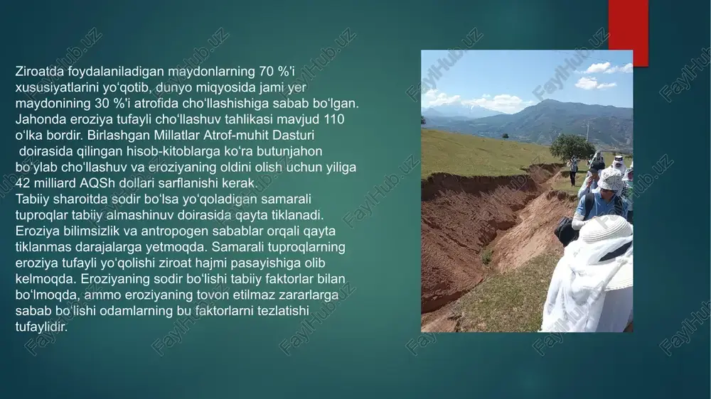 paydo bo‘lishi eroziyaga uchragan maydonlarda suv oqimlari izlari, eroziya jarliklari (balka, yar) hosil bo‘ladi. tuproq rangi o‘zgaradi organik moddalarning kamayishi natijasida tuproq rangi ochroq bo‘lib qoladi. vegetatsiyaning zaiflashuvi o‘simliklar sekin o‘sadi, ularning rangi o‘chadi, ba'zida butunlay qurib qoladi. hosildorlikning pasayishi bir xil hududda yillar davomida kuzatilgan hosil miqdorining kamayishi eroziya alomati bo‘lishi mumkin. tuproqning eng unumdor yuqori qatlamlari va tuproq osti jinslarining atmosfera yogʻinlari hamda sugʻorish suvlari, shamol va boshqa omillar taʼsirida yemirilish jarayoni tuproq eroziyasi deb ataladi. tuproqning ustki unumdor (gumus) qatlami tabiiy va antropogen eroziya ta’sirida yuvilib yoki uchirib ketiladi. natijada tuproq qashshoqlashib uning tarkibi buziladi hamda yaroqsiz yerlarga aylanib qoladi. eroziyaga uchragan tuproqda hosildorlik 5-10 marotaba kamayib, har xil begona o`tlar 2-4 marta ko`payadi. yuz berish darajasiga koʻra eroziya, tabiiy va jadallashgan (yemiradigan) turlarga boʻlinadi. tabiatda tuproqning tabiiy holda eroziyaga uchrash jarayonlari geologik eroziya deb yuritiladi. geologik eroziya bu insonning ta’sirisiz ro`y beradigan jarayon bo`lib, tuproq tabiiy …
