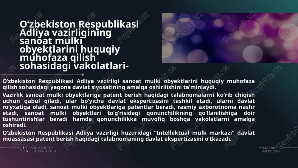 bogʻliq boʻlsa, original deb eʼtirof etiladi. sanoat namunasiga taalluqli axborotning muallif, talabnoma beruvchi yoki ulardan bevosita yoxud bilvosita shu axborotni olgan har qanday shaxs tomonidan ommaviy tarzda oshkor etilishi, agar sanoat namunasiga patent berish haqidagi talabnoma axborot oshkor etilgan sanadan eʼtiboran koʻpi bilan olti oy ichida vazirlikka topshirilgan boʻlsa, sanoat namunasining patentga layoqatliligini tan olishga taʼsir koʻrsatadigan holat sifatida eʼtirof etilmaydi. bunda ushbu holni isbotlab berish vazifasi muallif, talabnoma beruvchi zimmasida boʻladi mm.dd.20xx sanoat namunalari deb eʼtirof etilmaydi: : mm.dd.20xx add a footer 15 matbaa mahsulotlari; arxitektura obyektlari (kichik arxitektura shakllaridan tashqari), sanoat, gidrotexnika inshootlari va boshqa statsionar inshootlar; suyuq, gazsimon, sochiluvchan yoki shunga oʻxshash moddalardan iborat oʻzgaruvchan shakldagi obyektlar; buyumning faqat texnik vazifasi bilan bogʻliq boʻlgan yechimlar; jamoat manfaatlariga, insonparvarlik va axloq qoidalariga zid yechimlar sanoat mulki obyektining muallifi : mm.dd.20xx add a footer 16 ijodiy mehnati bilan sanoat mulki obyektini yaratgan jismoniy shaxs shu obyektning muallifi deb eʼtirof …