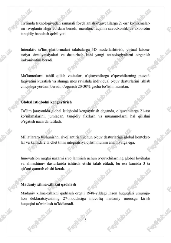 mida sun’iy intellekt (ai) va ma’lumotlar tahlili kabi ilg’or texnologiyalarni joriy etishning istiqbolli yo’nalishlarini belgilaydi. xulosa ta'lim jarayonida innovatsion dunyoqarashni rivojlantirish, shaxsning o'zgaruvchan dunyoga moslashuvchanligi va kreativligini oshirib, muvaffaqiyatli kelajagini ta'minlaydi. foydalanilgan adabiyotlar 1. innovatsion dunyoqarashni ta'lim jarayonida rivojlantirish. (innovatsion dunyoqarashning ta'lim jarayonidagi rivojlanishi haqida umumiy adabiyotlar). 2. ta'limda kreativlik va innovatsiyal: amaliyot va nazariya. (ta'limda ijodkorlik va innovatsiyalar: amaliyot va nazariya). 3. xxi asr ko'nikmalari: ta'lim va o'rganishning yangi paradigmalariga yo'l 0 0 0 2 o ? zbekiston respublikasi oliy ta’lim, fan va innovatsiyalar vazirligi referat mavzu: ta'lim jarayonida innovatsion dunyoqarashni rivojlantirish tayyorladi: /docprops/thumbnail.emf o ? zbekiston respublikasi oliy ta’lim, fan va innovatsiyalar vazirligi referat mavzu: ta'lim jarayonida innovatsion dunyoqarashni rivojlantirish tayyorladi: