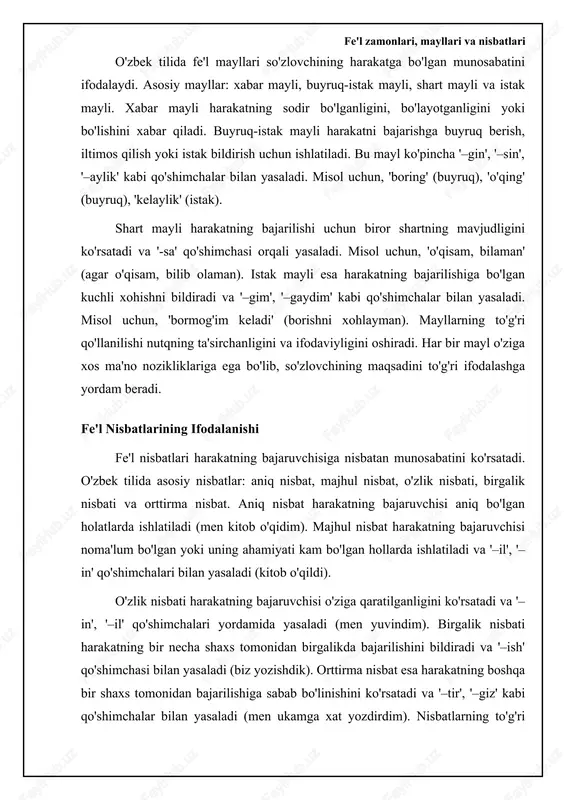 (yordamchi fe'l bilan asosiy fe'ldan iborat) bo'lishi mumkin. ma'nosiga ko'ra esa, harakat, holat, jarayon kabi turli tushunchalarni ifodalaydi. vazifasiga ko'ra ega kesim munosabatida kesim vazifasini bajaradi. masalan, 'kitob o'qidim' gapida 'o'qidim' fe'li kesim vazifasida kelib, egaga nisbatan harakatni ifodalaydi. bu tasnif fe'llarning o'zaro munosabatlarini aniqlash imkonini beradi. ⚖️ fe'l shakllari taqqoslash fe'l shakllarining morfologik xususiyatlari va vazifalari item shakl yasovchi qo'shimchalar vazifasi egas-kesim munosabati zamon ifodasi sifatdosh bor aniqlovchi bog'lanishi mumkin yo'q ravishdosh bor hol bog'lanmaydi yo'q harakat nomi bor ega/to'ldiruvchi bog'lanishi mumkin yo'q fe'l birikmalarining sintaktik xususiyatlari fe'l birikmalari, ikki yoki undan ortiq so'zning ma'no va grammatik jihatdan birikib, bitta sintaktik vazifani bajarishidir. fe'l birikmalari asosan fe'l va boshqa turkum so'zlardan tashkil topadi. o'zbek tilida fe'l birikmalariga misol qilib 'yordam bermoq', 'xursand bo'lmoq', 'oxiriga yetkazmoq' kabilarni keltirish mumkin. bu birikmalarning sintaktik xususiyatlari shundan iboratki, ular gapda bitta sintaktik bo'lak (asosan kesim) vazifasini bajaradi. shuningdek, fe'l birikmasi tarkibidagi so'zlar o'zaro …