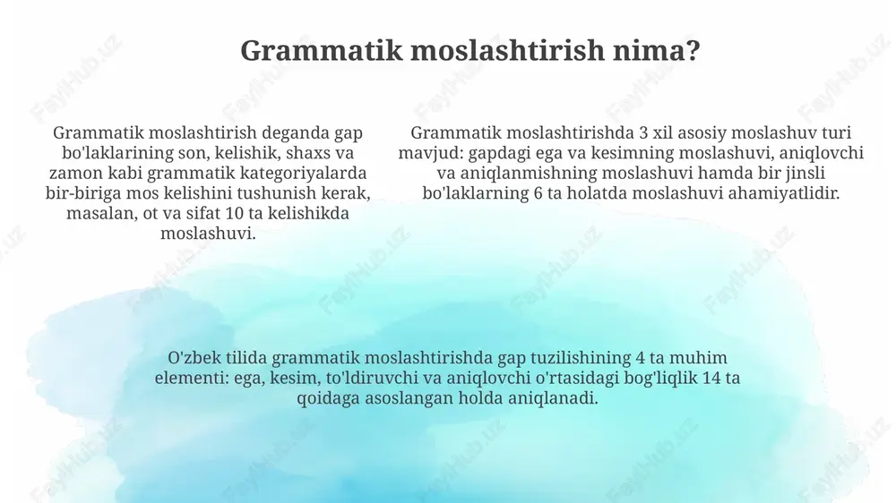 liklarni aniqlaydi va moslashtirilgan mashqlarni yaratadi. kengaytirilgan reallik (xr) va 3d texnologiyalari grammatikani immersiv o'yinlar orqali o'rgatish uchun ishlatiladi, bu 50% ko'proq jalb etish va tushunishni ta'minlaydi. kengaytirilgan reallik (xr) va 3d texnologiyalari grammatikani immersiv o'yinlar orqali o'rgatish uchun ishlatiladi, bu 50% ko'proq jalb etish va tushunishni ta'minlaydi. xulosa va savollar agar xulosa qismida 3 ta asosiy fikrni aniqlasangiz, auditoriyaning savollariga javob berish uchun 5 ta asosiy matching strategiyasini qo'llashingiz mumkin. xulosa va savollar grammatik matching mavzusini yakunlaydi, 10 daqiqa ichida muhim tushunchalarni qamrab oladi va auditoriya savollariga 15 daqiqa ajratadi. savollar davrida auditoriyaga grammatik matchingning 7 ta asosiy qoidasini qanday qo'llash mumkinligini ko'rsating, 4 ta misol bilan fikringizni isbotlang. e'tiboringiz uchun rahmat image2.png image1.png