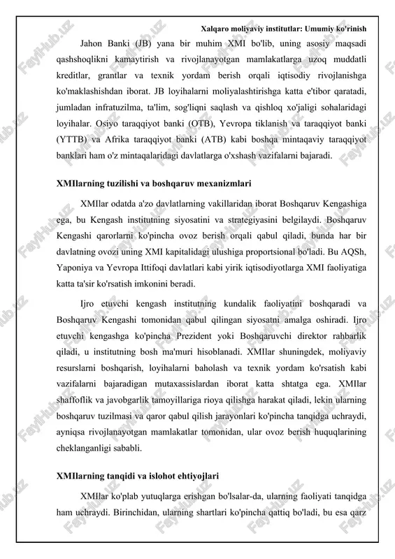 odiy qiyinchiliklarni yumshatishga yordam beradi, lekin qarz oluvchi mamlakatdan siyosiy va iqtisodiy majburiyatlarni talab qiladi. misol tariqasida, xalqaro valyuta jamg'armasi (xvj) o'z a'zo mamlakatlariga to'lov balansidagi muammolarni hal qilishga yordam berish uchun kreditlar beradi, lekin bu kreditlar odatda qattiq tejamkorlik choralarini ko'rish sharti bilan birga keladi. 📈 xalqaro moliya institutlari tomonidan berilgan qarzlar hajmi va shartlari (2019-2023) ushbu chart xalqaro moliya institutlari (xmi) tomonidan turli mamlakatlarga berilgan qarzlar hajmi va shartlarini solishtiradi. rivojlanayotgan mamlakatlarga investitsiya ta'siri xalqaro moliyaviy institutlarning rivojlanayotgan mamlakatlarga sarmoya kiritishi sezilarli ta'sir ko'rsatishi mumkin. ushbu investitsiyalar infratuzilmani yaxshilash, ta'lim darajasini oshirish va sog'liqni saqlash tizimini mustahkamlash orqali iqtisodiy o'sishni rag'batlantirishi mumkin. misol uchun, jahon bankining transport infratuzilmasiga qaratilgan loyihalari savdo xarajatlarini kamaytirishi, ichki va xalqaro bozorlarga kirish imkoniyatini kengaytirishi mumkin. osiyo taraqqiyot bankining energiya sohasidagi investitsiyalari, elektr energiyasi ta'minotini yaxshilash orqali sanoat rivojlanishiga yordam beradi. biroq, ushbu investitsiyalarning muvaffaqiyati mamlakatning institutsional salohiyatiga, siyosiy barqarorligiga va korrupsiyaga qarshi …