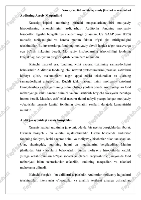 va moliyaviy hisobot moliyaviy hisobotlarning to'g'riligi va gaap (umum qabul qilingan buxgalteriya tamoyillari) standartlariga muvofiqligini ta'minlash. daromad va xarajatlarning to'g'ri aks etishi, aktivlar va majburiyatlarning to'liq hisobga olinishi, moliyaviy hisobotlarning oshkoraligi. compliance (moslik) tekshiruvi qonunlar, me'yoriy hujjatlar va ichki siyosatlarga rioya etilishini baholash. ichki nazorat tizimlarining samaradorligi, qimmatli qog'ozlar qonunchiligiga rioya etilishi, soliqqa oid majburiyatlarning bajarilishi, manfaatlar to'qnashuvining oldini olish choralari. operatsion samaradorlik kompaniyaning operatsion jarayonlari va resurslardan foydalanish samaradorligini baholash. xarajatlarni boshqarish, jarayonlarni optimallashtirish, resurslardan unumli foydalanish, risklarni boshqarish. risklarni boshqarish kompanianing risklarni aniqlash, baholash va boshqarish tizimlarining samaradorligini baholash. biznes risklari, moliyaviy risklar, operatsion risklar, compliance risklari, risklarni kamaytirish strategiyalari. auditorning rolini kengaytirish: xavf-xatarlarni boshqarish va muvofiqlik so'nggi yillarda xususiy kapital auditorlarining roli kengayib bormoqda. moliyaviy hisobotlarni tekshirishdan tashqari, auditorlar xavf-xatarlarni boshqarish va muvofiqlikni ham baholashmoqda. xavf-xatarlarni boshqarish auditning muhim qismiga aylandi, chunki xususiy kapital fondlari ko'plab xavf-xatarlarga duch kelishadi (masalan, bozor riski, kredit riski, operatsion riski). auditorlar …