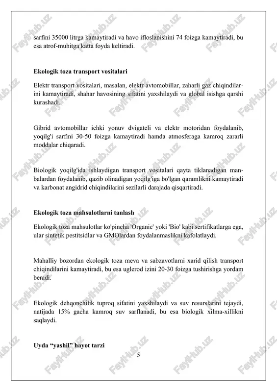 odatlar atrof-muhitga foyda keltirishi bilan birga, sog'lig'imizni yaxshilaydi va iqtisodiy tejamkorlikka ham olib keladi. foydalanilgan adabiyotlar 1. "green" odatlar va ularning foydalari haqida ma'lumotga oid manbalar: 2. epa (aqsh atrof-muhitni muhofaza qilish agentligi). (nd). bepul yuklab olish mumkin bo'lgan nashrlar. [https://www.epa.gov/](https://www.epa.gov/) 3. milliy resurslarni mudofaa kengashi (nrdc). (nd). hayotni "yashil" qilish. [https://www.nrdc.org/](https://www.nrdc.org/) 4 0 0 0 7