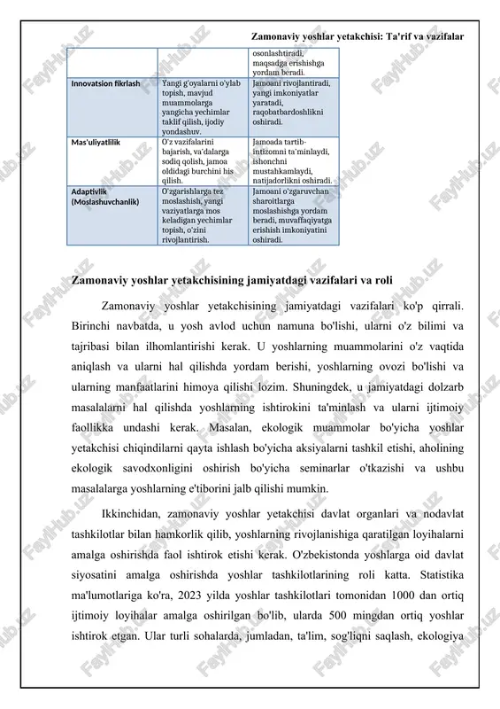 lga oshirishda raqamli vositalardan foydalanish darajasi. mentorlik dasturlarida ishtirok etadigan yoshlar 50 har bir yoshlar yetakchisi o'rtacha 50 nafar yoshlarga mentorlik qiladi. ijtimoiy loyihalarni boshlash tezligi (o'rtacha) 2x zamonaviy yoshlar yetakchilari avvalgi avlodlarga nisbatan 2 barobar ko'proq ijtimoiy loyihalarni tashabbus qilishadi. o'z jamoalarida ijobiy o'zgarishlarga erishgan yoshlar yetakchilari 88% yoshlar yetakchilarining 88% i o'z jamoalarida sezilarli ijobiy o'zgarishlar olib kela oldi. empatiya va hamkorlik: samarali jamoani shakllantirish yetakchilikning yana bir muhim ko'nikmasi - bu empatiya, ya'ni boshqalarning his-tuyg'ularini tushuna olish va ularga hamdard bo'lish qobiliyatidir. zamonaviy yoshlar yetakchisi o'z jamoasining a'zolarini har birining shaxsiy xususiyatlarini, ehtiyojlarini va maqsadlarini tushunishi kerak. empatiya jamoada ishonch muhitini yaratadi va jamoa a'zolarining o'zlarini qadrlangan his qilishlariga yordam beradi. bu esa, o'z navbatida, jamoaning umumiy samaradorligini oshiradi. misol uchun, muvaffaqiyatli startaplar ko'pincha empatiya asosida qurilgan jamoalarga ega bo'ladi, chunki bunday jamoalar a'zolari bir-birini qo'llab-quvvatlaydi va muammolarni birgalikda hal qiladi. hamkorlik ham zamonaviy yoshlar yetakchiligi uchun …