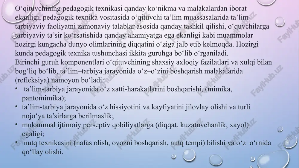pparati uch qismdan iborat: 1. generator – ovoz generatsiyasi ovoz paylarida hosil bo’ladi, bunda og`iz bo’shlig`ining roli kam. ovoz paylari shovqin va tonlarni farqlaydi. 2. rezonator tizimi – bunda tomoq, halqum, burun bo’shlig`i, og`iz bo’shlig`i qatnashadi va ular ovozning kuchini (statikasini) va dinamikasini ta’minlaydi. 3. energetika tizimi - o’pkadan kelayotgan kuchli nafasning miqdori va tezligini ta’minlaydi. pedagogning nutqi uchun avvalambor tovushning kuchi zarur. bu o’pkadan kelayotgan nafasning kuchiga va tezligiga bog`liq. tovushning yuqoriligi – bu tovushni uzoqqa etkaza olish va yuqori-pastligini boshqara olishdir. tovushning harakatchanligi va o’zgaruvchanligini tovushning mazmuniga, sharoitiga, tinglovchilarning kayfiyatiga qarab oson o’zgartira olish mumkin. harakatchanligi esa past, o’rta, yuqori tiplarga bo’linadi. tovush parvozi – tovushning uzoq masofaga uzatilishi va qattiqligini sozlab olish. tovush ixchamligi va harakatchanligi uni mazmunga tinglovchi moslab o’zgartira olish imkoniyatini bildiradi. diapazon – tovush hajmi bo’lib, uning chegarasi eng yuqori va quyi ohang bilan belgilanadi. diapazon qisqarishi nutqning bir ohangli bo’lib qolishiga sabab bo’ladi. …