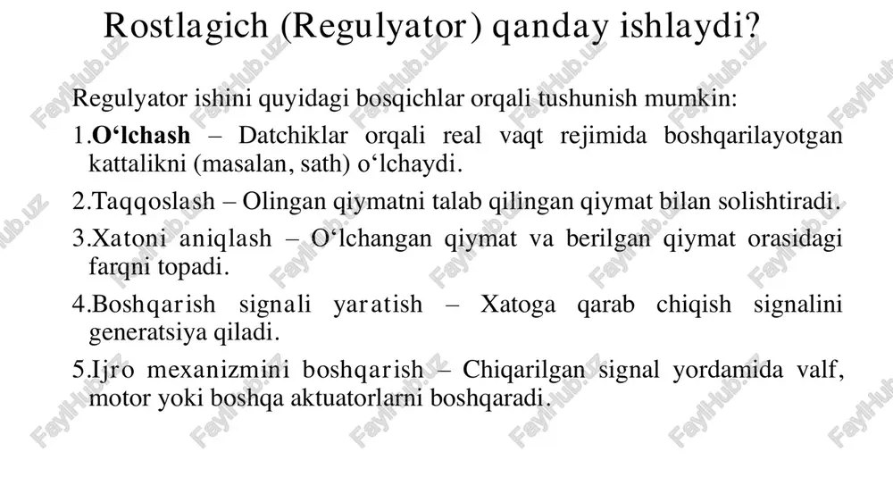 proportional-integral- derivative) rostlagichlar keng qo‘llaniladi. siemens simatic mdk tizimlarida bu rostlagichlar uchun pid compact nomli instruksiya (funksional blok) mavjud bo‘lib, u analog kirish va chiqish signallari asosida real vaqt rejimida ishlaydigan regulyatorni tashkil etadi. pid rostlagichning asosiy vazifasi — chiqish signalini shunday hisoblab berishki, u boshqarilayotgan jarayonni berilgan setpoint (sp) qiymatga imkon qadar tez va barqaror yaqinlashtirishdir. analog pid rostlagich instruksiyasi.