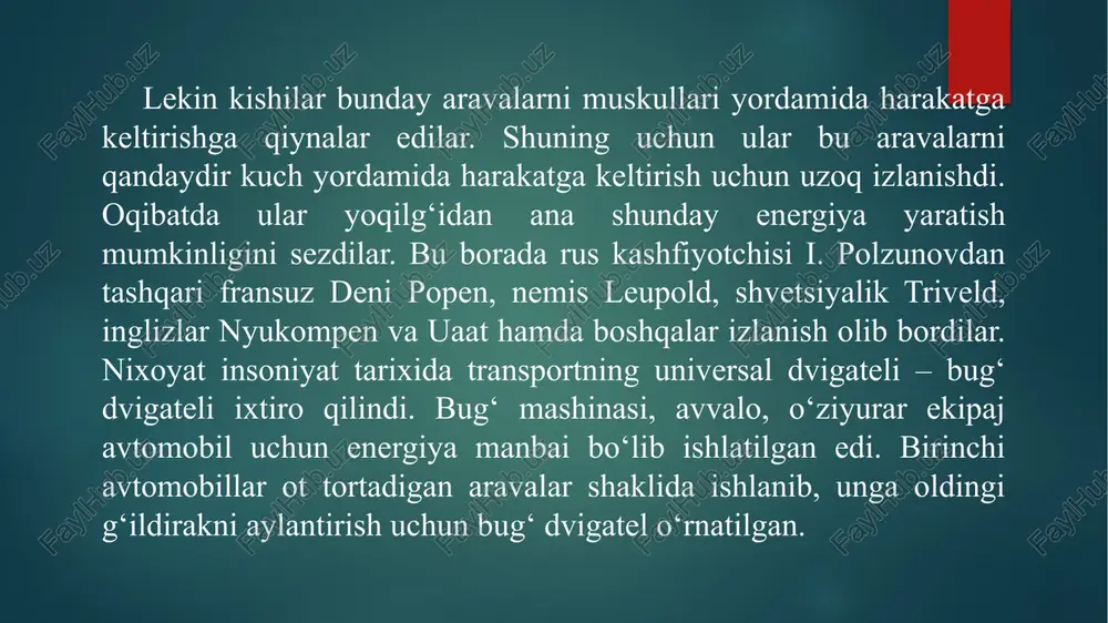 dizel dvigatellari. porshen ustining tirsakli val o’qiga eng yaqinlashgan silindr ichidagi pastda turish holati (nuqta)ni pastki chekka nuqta (p.ch.n) deb ataladi. porshen bir chekka nuqtadan ikkinchi chekka nuqtagacha harakatlanganda bosib o’tilgan masofani porshen ( s) yo’li deb ataladi. tirsakli valning tayanch bo’yni va shatun o’qlari orasidagi masofa (r) ni krivoship radiusi deb ataladi. porshen yo’li krivoship radiusining ikki barobariga s=2r teng bo’ladi. porshen yuqorigi chekka nuqtadan pastki chekka nuqtagacha harakatlanganda hosil bo’lgan hajm (vh) silindrning ishchi hajmi deb ataladi. u quyidagi ifoda bilan aniqlanadi. vh=πd2s/4, m3 bu yerda: d - silindr diametri, mm. s - porshen yo’li, mm ikkinchi takt -siqish. bu taktli ishchi aralashmasining hajmini kamaytirish natijasida uning ichki energiyasini ko’paytirib, uni yonishiga tayyorlanadi. porshen pchn dan yuchn ga tomon siljigan paytda ishchi aralashma siqiladi. bu paytda kiritish xamda chiqarish klapanlari yopiq bo’ladi. siqish takti oxirida ishchi aralashmaning bosimi 12-17 kg/sm2 xarorati 300-4000s bo’ladi. siqish taktining oxirida svecha elektrodlari …